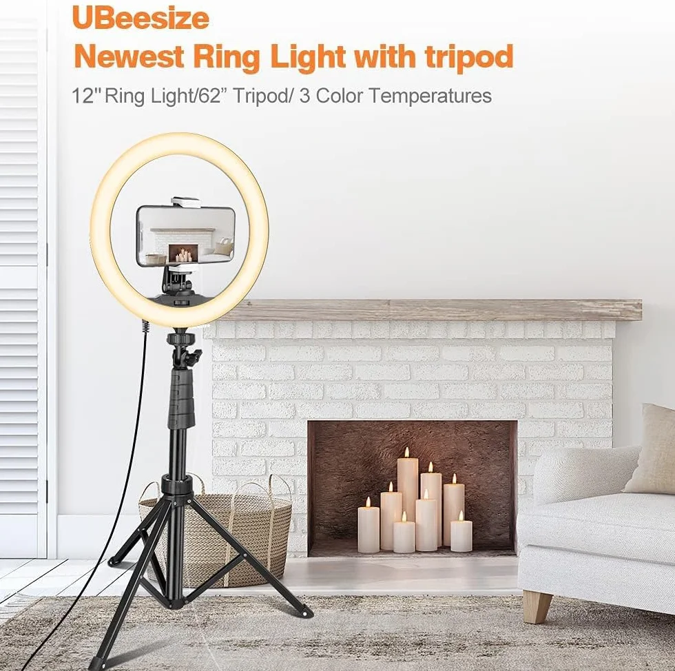 UBeesize Lampa pierścieniowa ze statywem, 12-calowa lampa pierścieniowa LED do selfie z 62-calowym uchwytem na telefon do transmisji wideo na żywo i makijażu