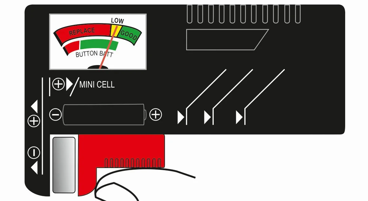 CON:P B29821 Tester Baterii z Analogowym Wyświetlaczem do Akumulatorów AAA, AA, C, D (1,5 V i 9 V)