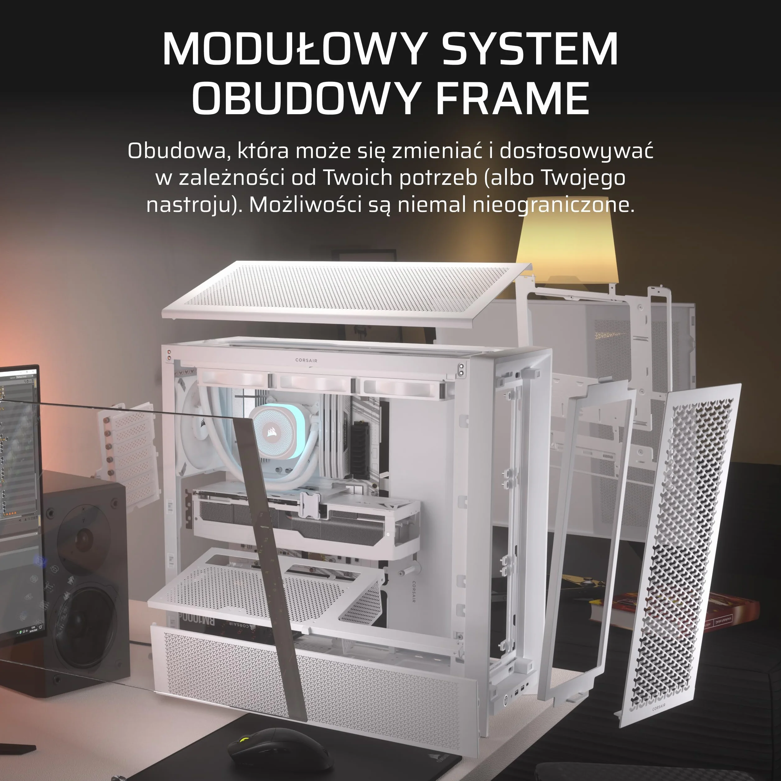CORSAIR FRAME 4000D Modułowa Mid–Tower ATX Obudowa Komputerowa – Wysoki Przepływ Powietrza, System Montażu Wentylatorów InfiniRail™, Obsługa Dwóch Chłodnic 360mm – Biały
