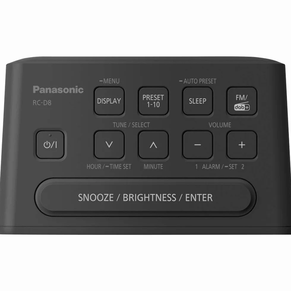 Panasonic RC-D8 radio DAB+ z budzikiem (możliwość zapisania 10 stacji, ładowanie smartfonów USB, duży wyświetlacz, głośnik o średnicy 5cm), czarne