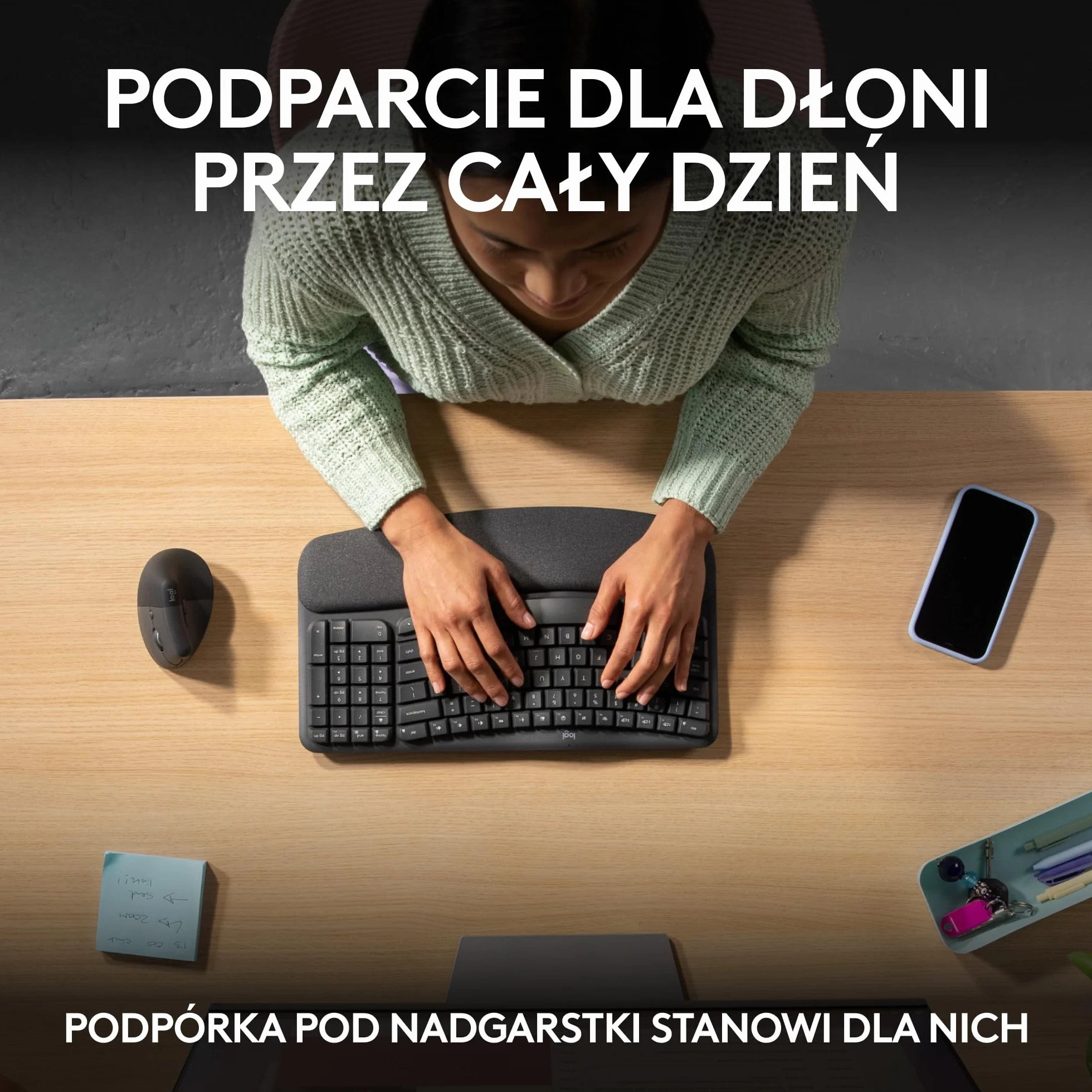 Logitech Wave Keys - bezprzewodowa klawiatura ergonomiczna z amortyzującą podpórką pod nadgarstki, wygodne naturalne pisanie, Easy-Switch, Bluetooth, odbiornik Logi Bolt, Windows/Mac, US INT'Ll,Grafit