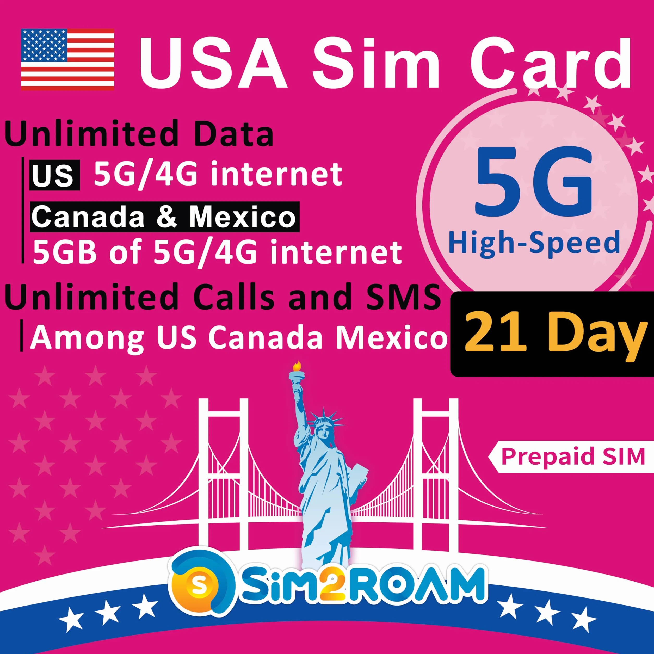 Karta SIM T-Mobile | Nielimitowane dane 5G/4G w USA + 5 GB w Kanadzie i Meksyku | Nielimitowane rozmowy i SMS-y między USA, Kanadą i Meksykiem (21 dni) | Doładowywalna!