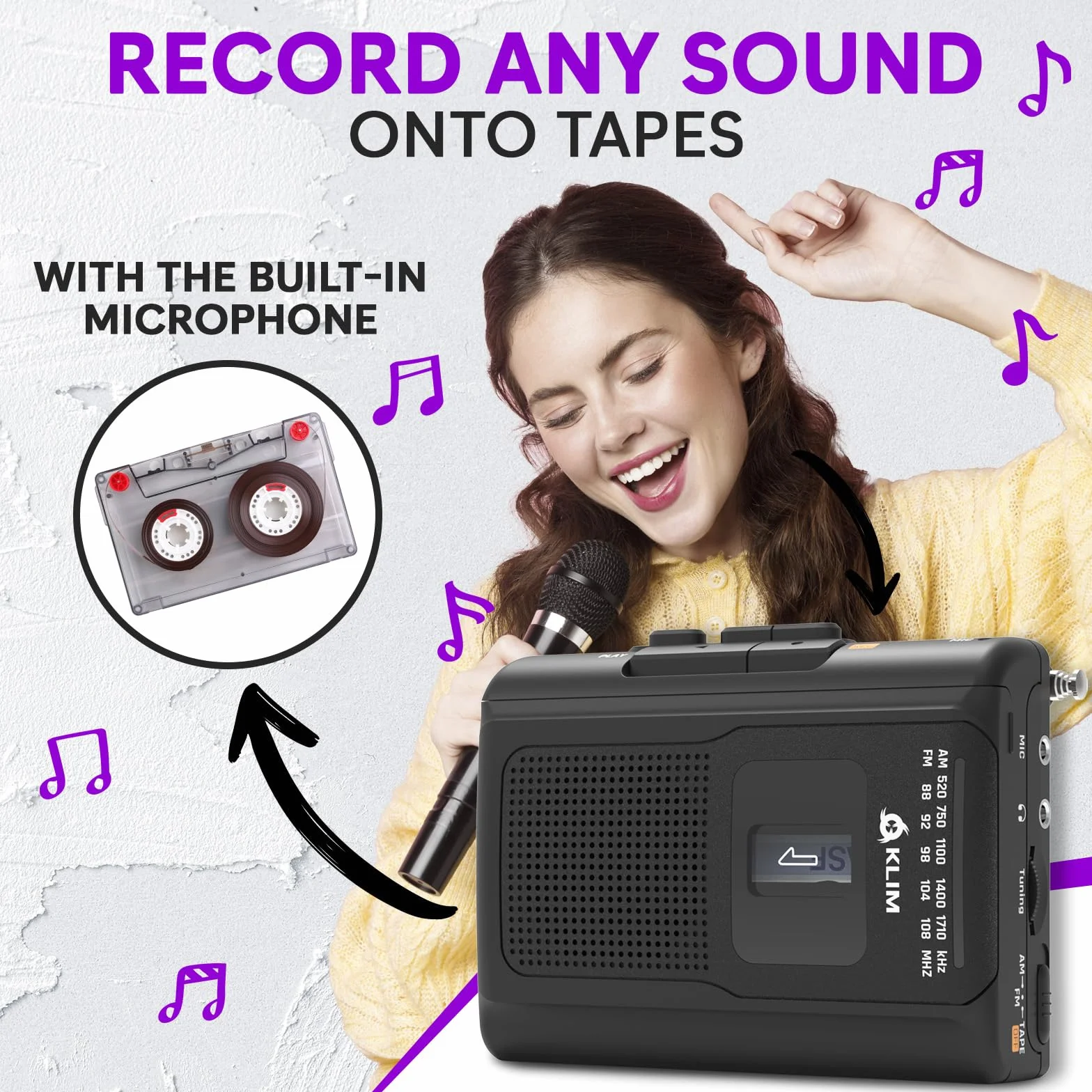 KLIM K8 odtwarzacz kaset z słuchawkami F1 - magnetofon - NOWY odtwarzacz kaset - radio kasetowe AM/FM - wbudowany mikrofon i głośnik - złącze słuchawkowe i słuchawki