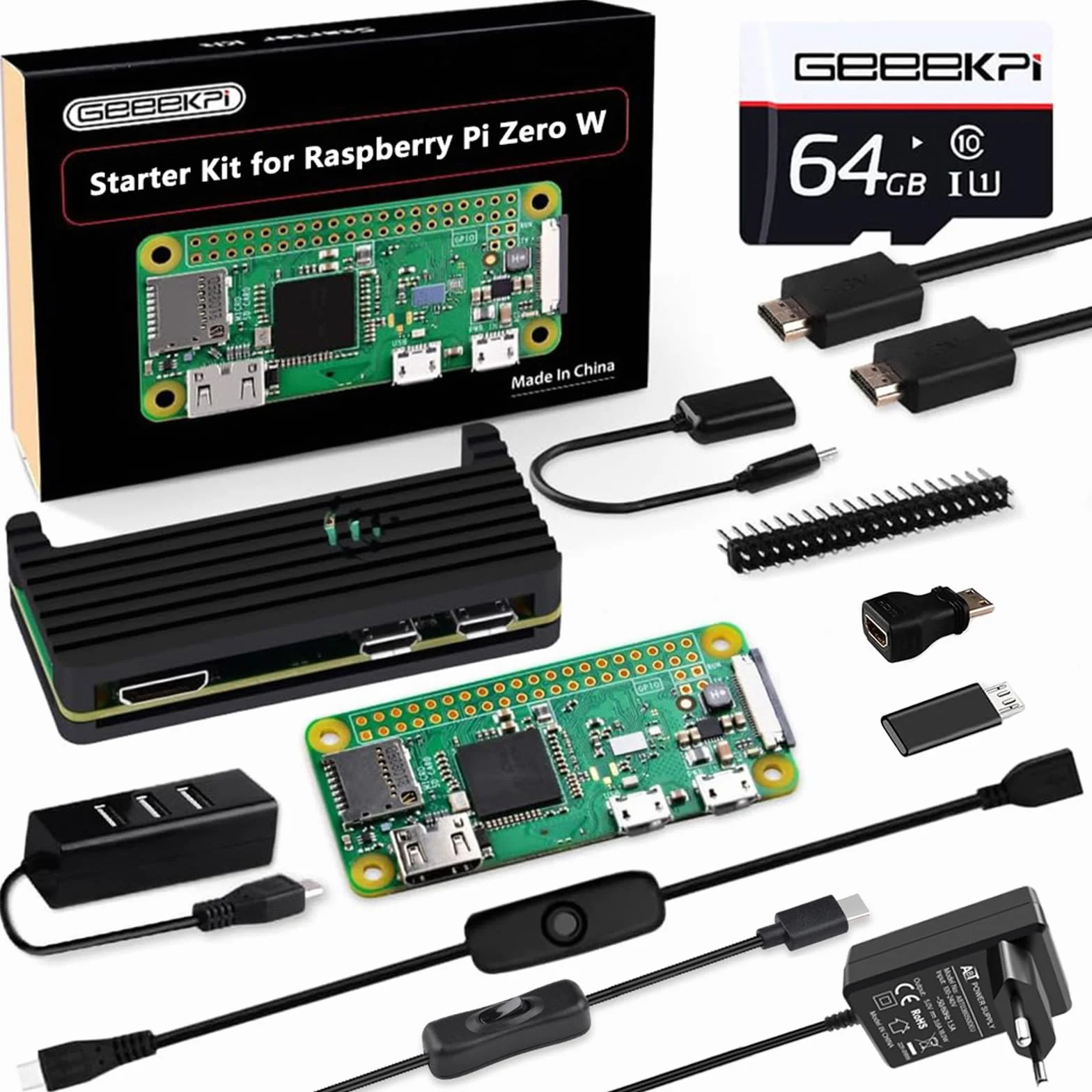 GeeekPi Zestaw startowy dla Raspberry Pi Zero W, z obudową RPi Zero W, karta SD 64GB, zasilacz, nagłówek 20Pin, adapter Micro USB do OTG, kabel HDMI, adapter HDMI, kabel przełącznik i 4 porty USB Hub