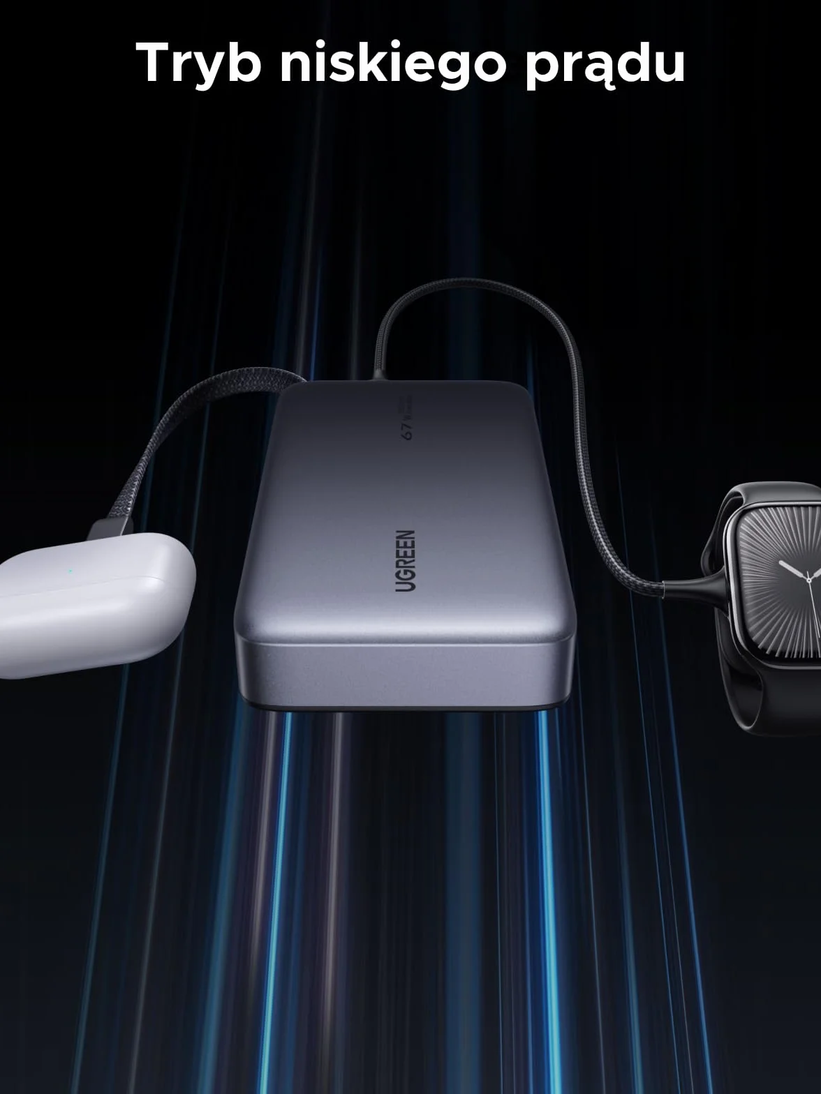 UGREEN Nexode Power Bank, 20000 mAh, szybkie ładowanie 67W z wbudowanym kablem USB-C, zewnętrzne akumulatory do telefonów komórkowych kompatybilne z Galaxy S25, serią iPhone 16/15