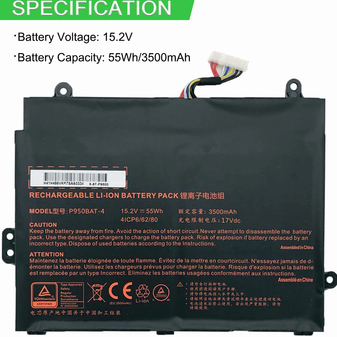 XITAIAN 55Wh 3500mAh 15.2V P950BAT-4 6-87-P950S-51E00 Kompatybilny z Bateria Zamiennik do Clevo P950HP6 Dla Sager NP8950 41CP5/65/80