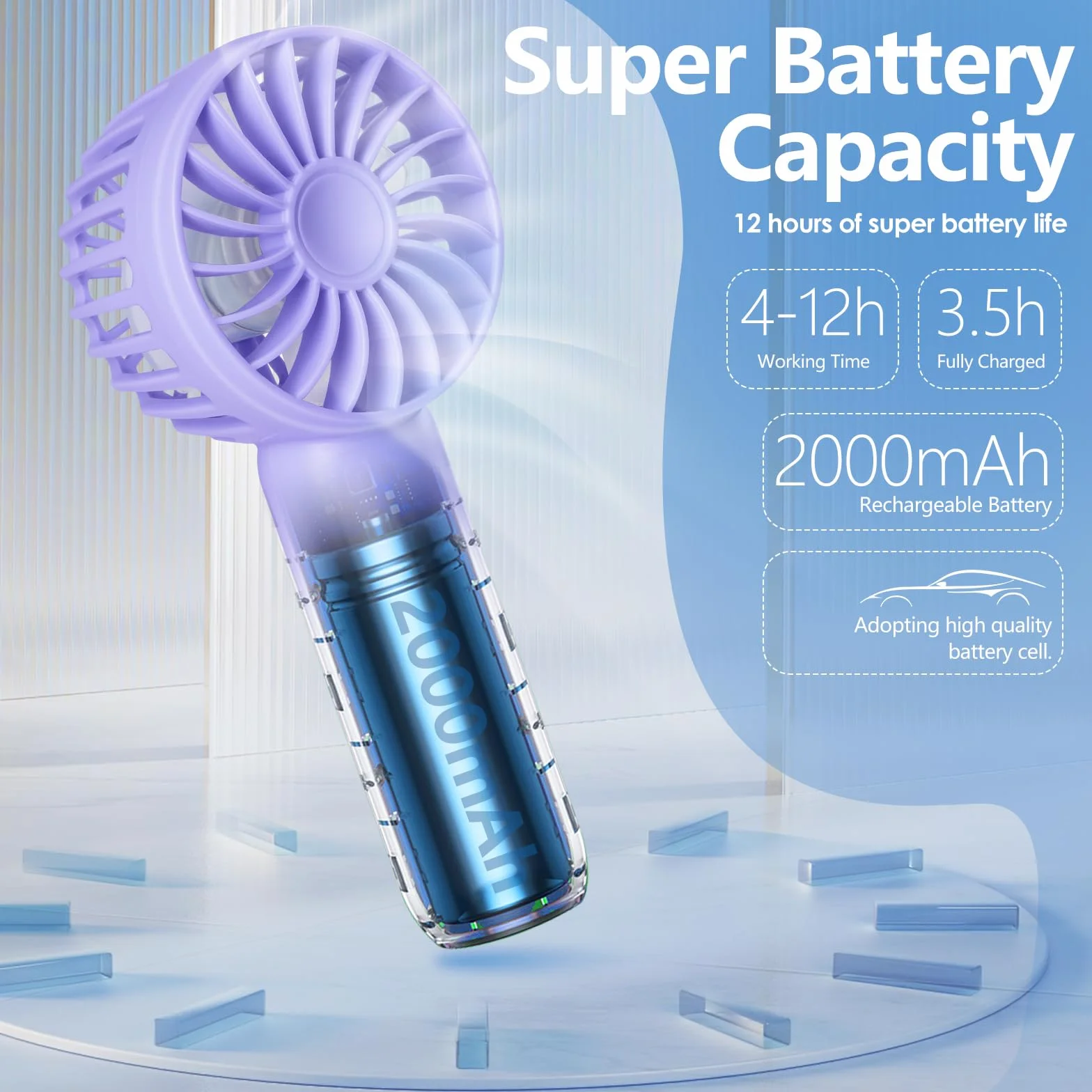 Hianjoo Przenośny mini wentylator, 2000 mAh, mały wentylator kieszonkowy, ładowany przez USB, wentylator ręczny i stojący wentylator do domu, na zewnątrz i do biura, fioletowy