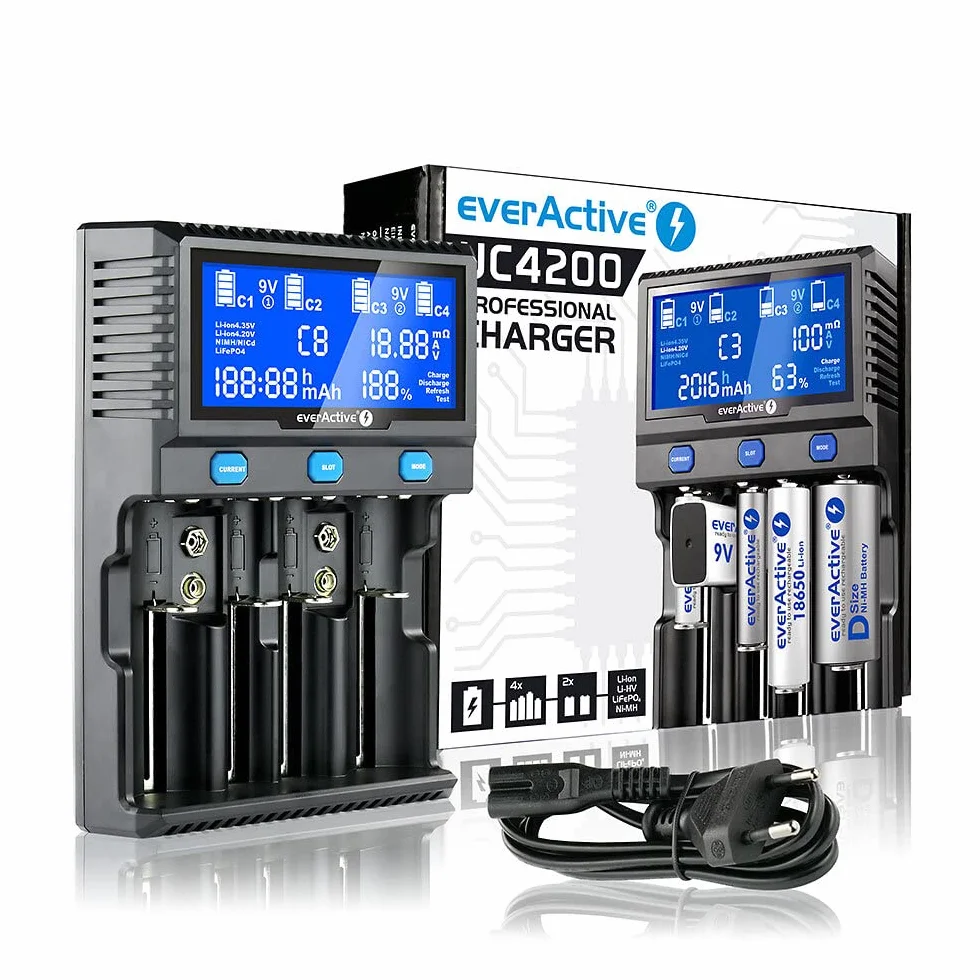 everActive Ładowarka do 4 cylindrycznych akumulatorów litowo-jonowych i Ni-MH, profesjonalna, szybka i uniwersalna, wyświetlacz LCD, test pojemności, model: UC4200