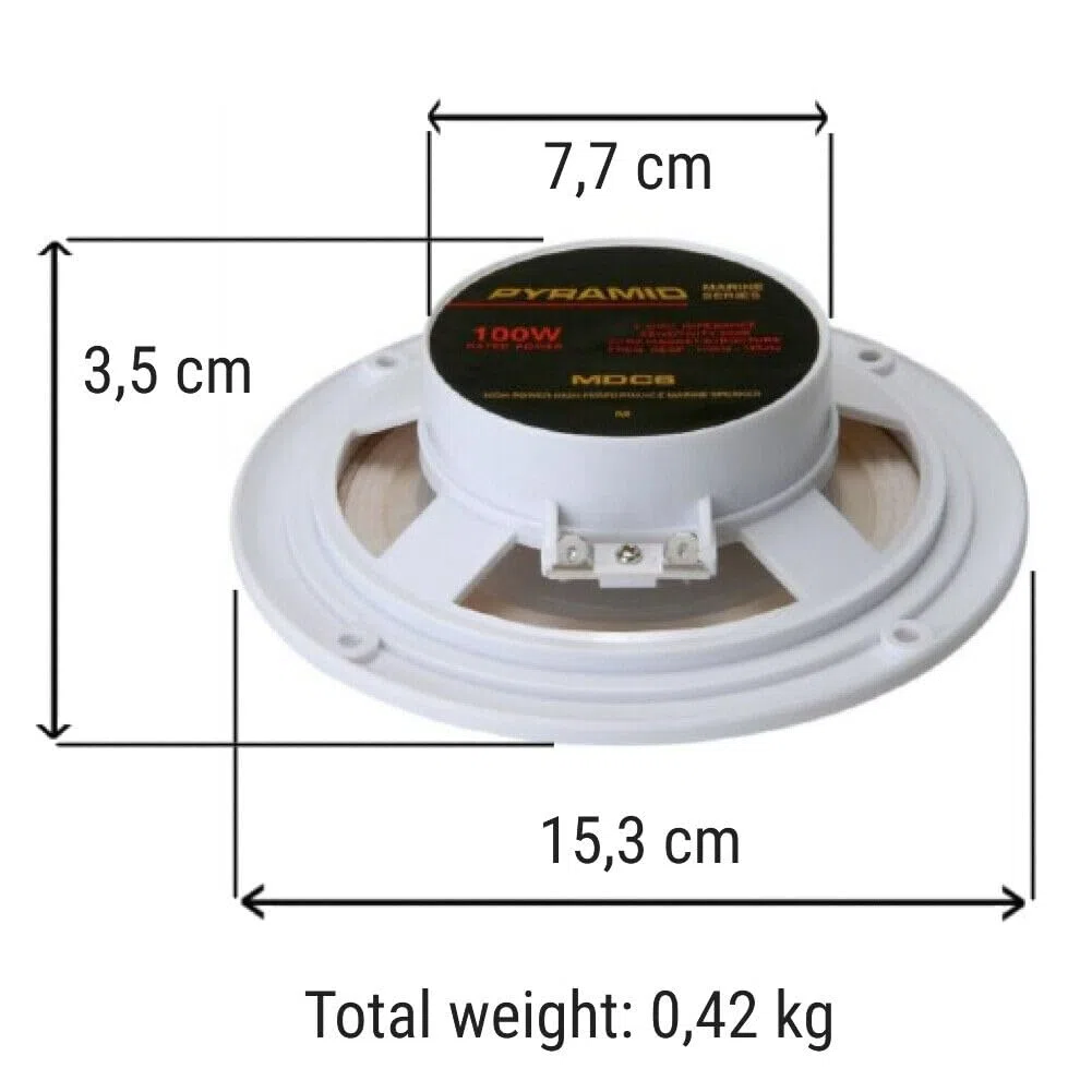 ZESTAW DO PYRAMID MDC6 2 białe głośniki dwumembranowe 50 W RMS 100 W maks. 15,3 cm 153 mm wodoodporny basen łódź restauracja hotel, w parach, w zestawie kable instalacyjne