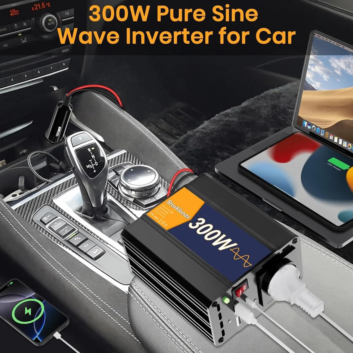 Przetwornica napięcia 300 W/600 W, czysta sinusoidalna 12 V na 230 V, falownik samochodowy Pure sine, 4 x USB i 1 x AC gniazdo wtykowe przetwornik prądu. Wtyczka do zapalniczki samochodowej