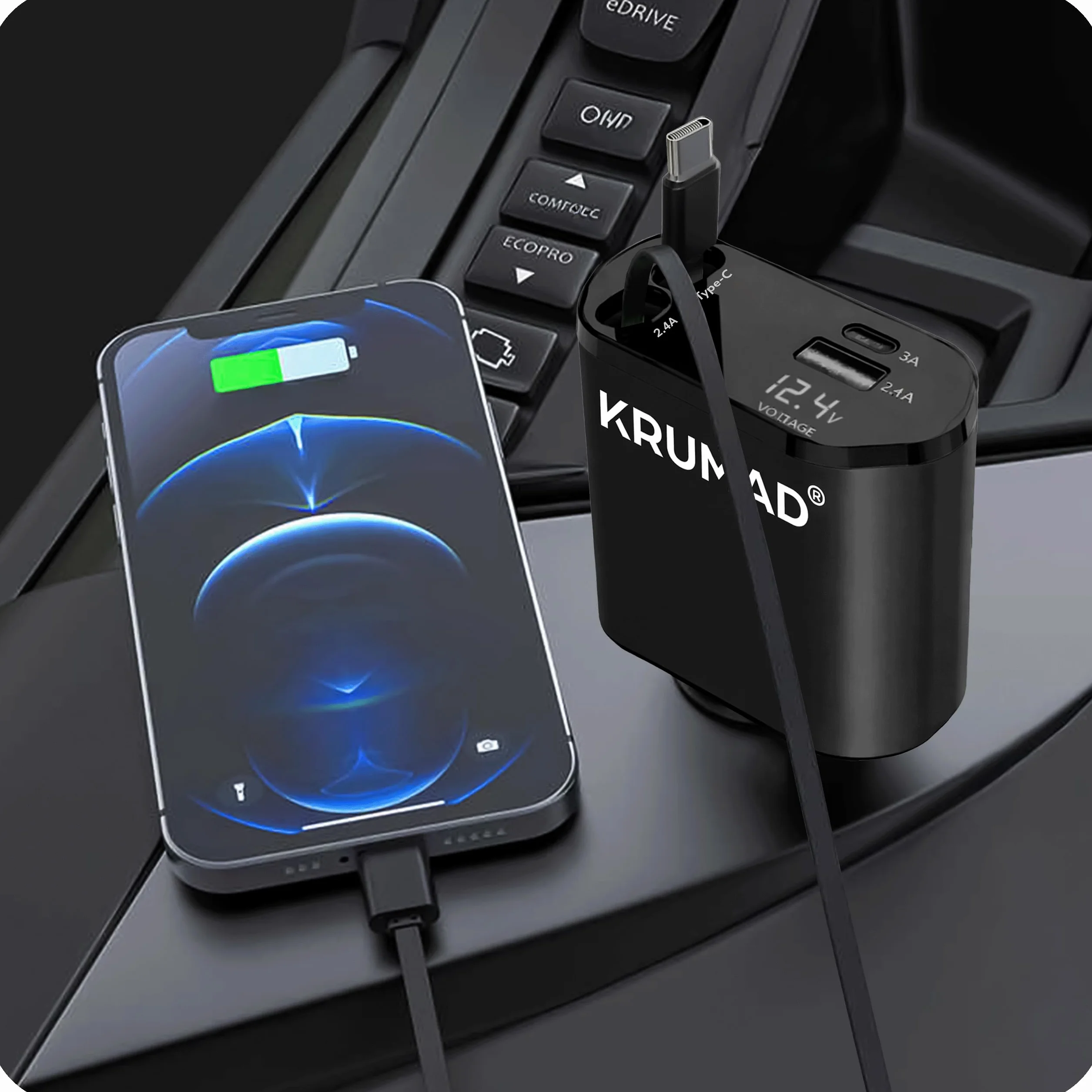 KRUMAD Ładowarka samochodowa 120W, Szybka ładowarka do auta 2x USB-C + 1x USB + 1x Lightning, adapter do gniazda zapalniczki z wyświetlaczem LED, kompatybilna z większością smartfonów