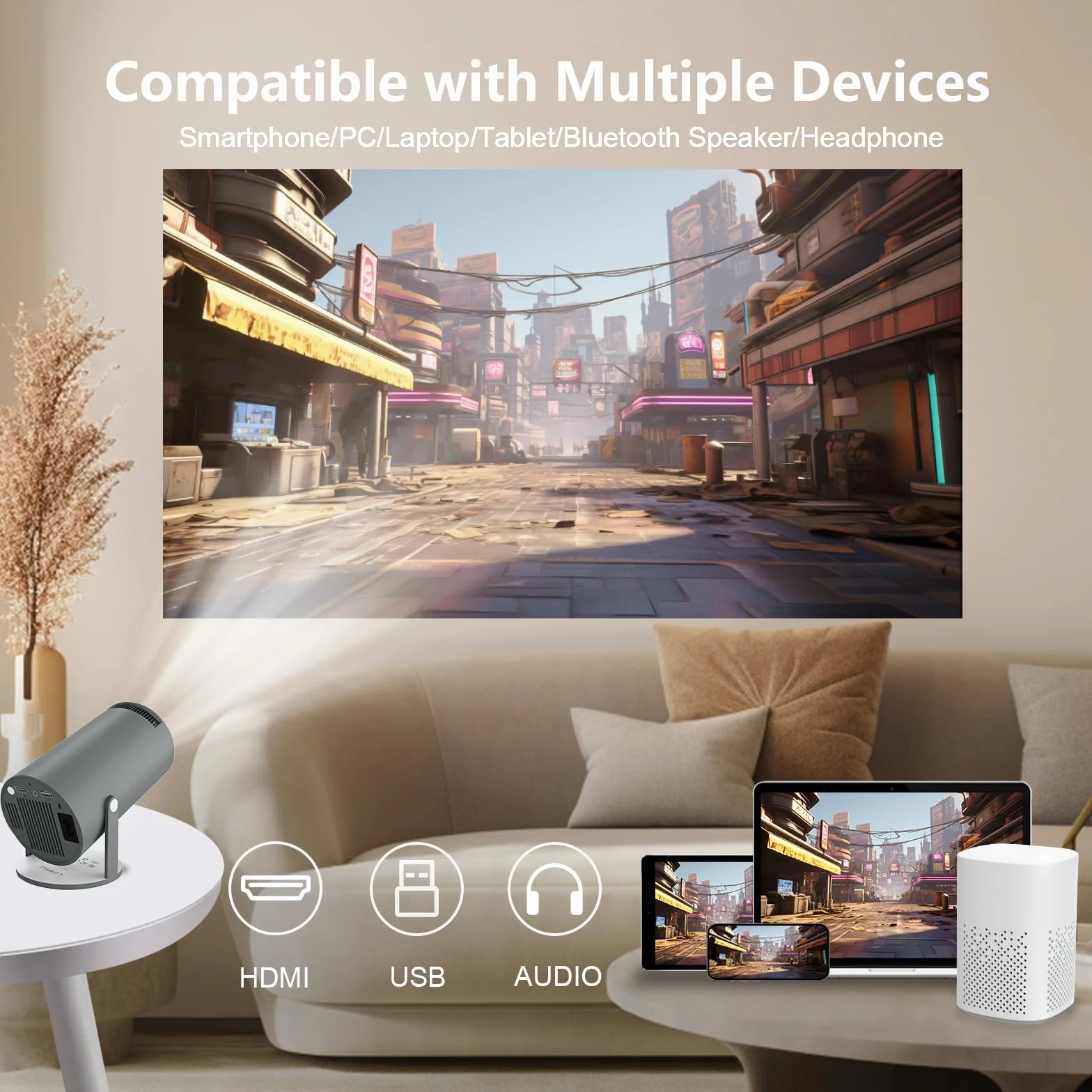 LQWELL Mini projektor, obsługuje 5G WiFi, BT5.0 z systemem Android, automatyczna korekcja trapezu, kąt 220 stopni, wyświetlacz 130 cali do telefonu/komputera/Xboxa, kino domowe 4K, HDMI