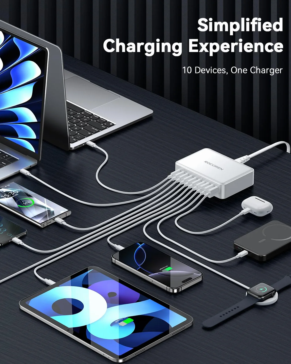 Rocoren 480 W GaN USB-C ładowarka wielokrotna 10-portowa PD100W QC4.0 PPS 4-stacja ładująca do laptopów z przedłużaczem 1,5 m