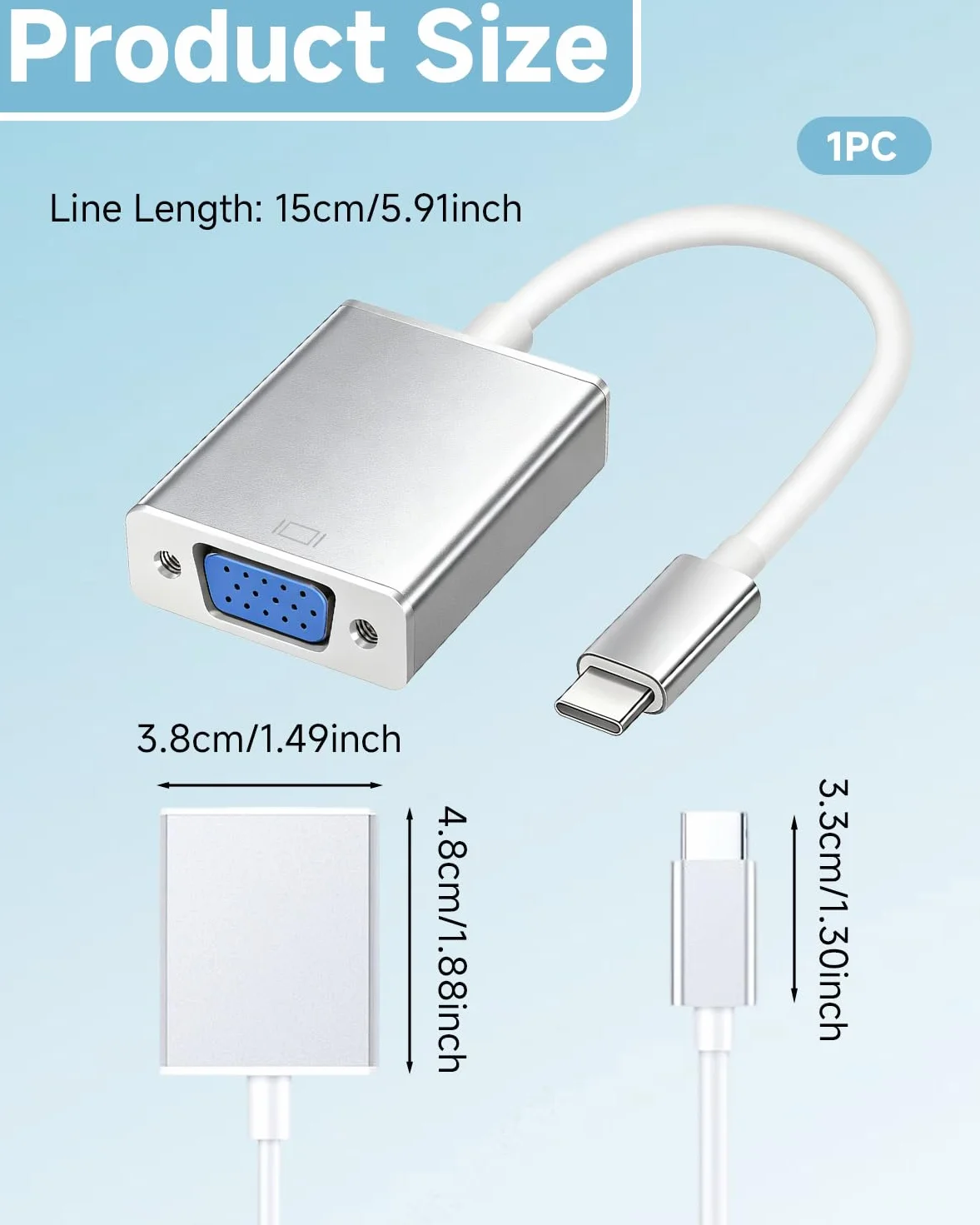 Adapter USB C na VGA, kompatybilny z Thunderbolt 3/4, konwerter męski na żeński, rozdzielczość 1920x1200 dla MacBook Pro/Air, iPhone 15 Plus Pro Max, aluminiowa obudowa, akcesoria multimedialne