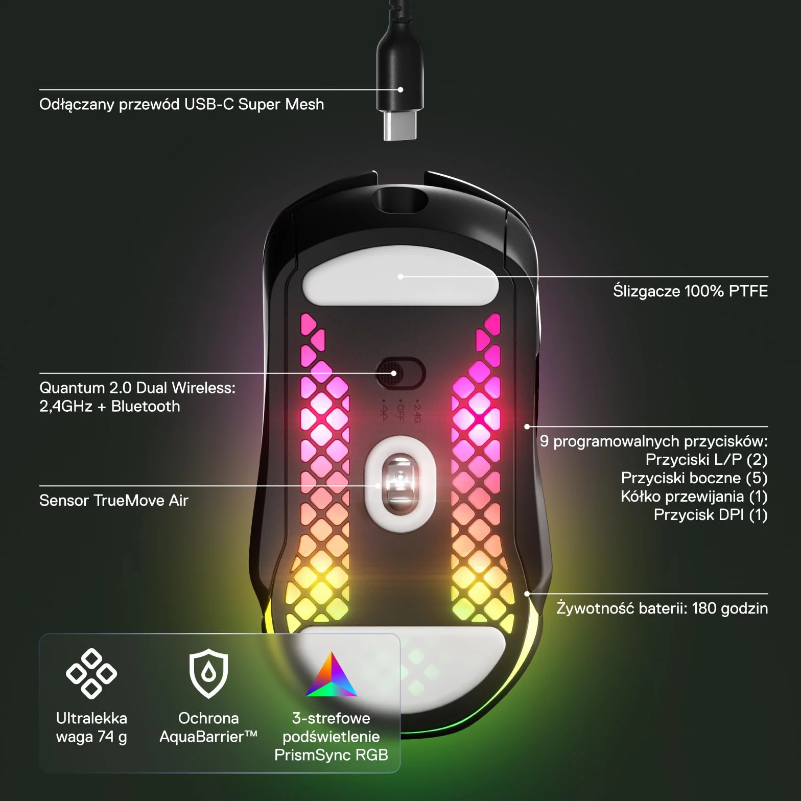 SteelSeries Aerox 5 Wireless Mysz do gier RGB Ultralekka Wodoodporna 9 przycisków Bluetooth 2,4 GHz Sensor TrueMove Air 18K DPI