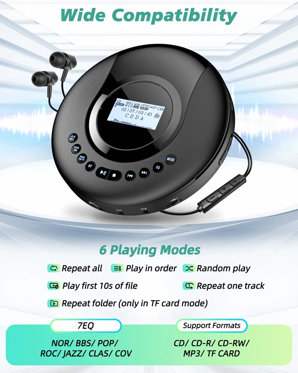 Arafuna Discman przenośny odtwarzacz CD, radio DAB+/FM, Bluetooth, wbudowana bateria 2000 mAh, czarny