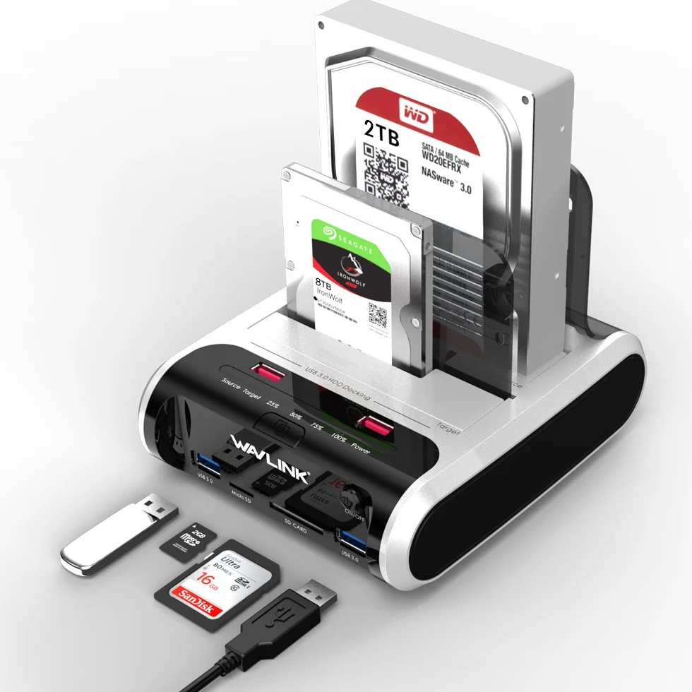Stacja dokująca do dysków twardych, WAVLINK USB Stacja dokująca Offline funkcja klonowania dla 2,5 cala i 3,5 cala SATA HDD SSD, obsługuje karty TF i SD oraz ładowanie przez USB