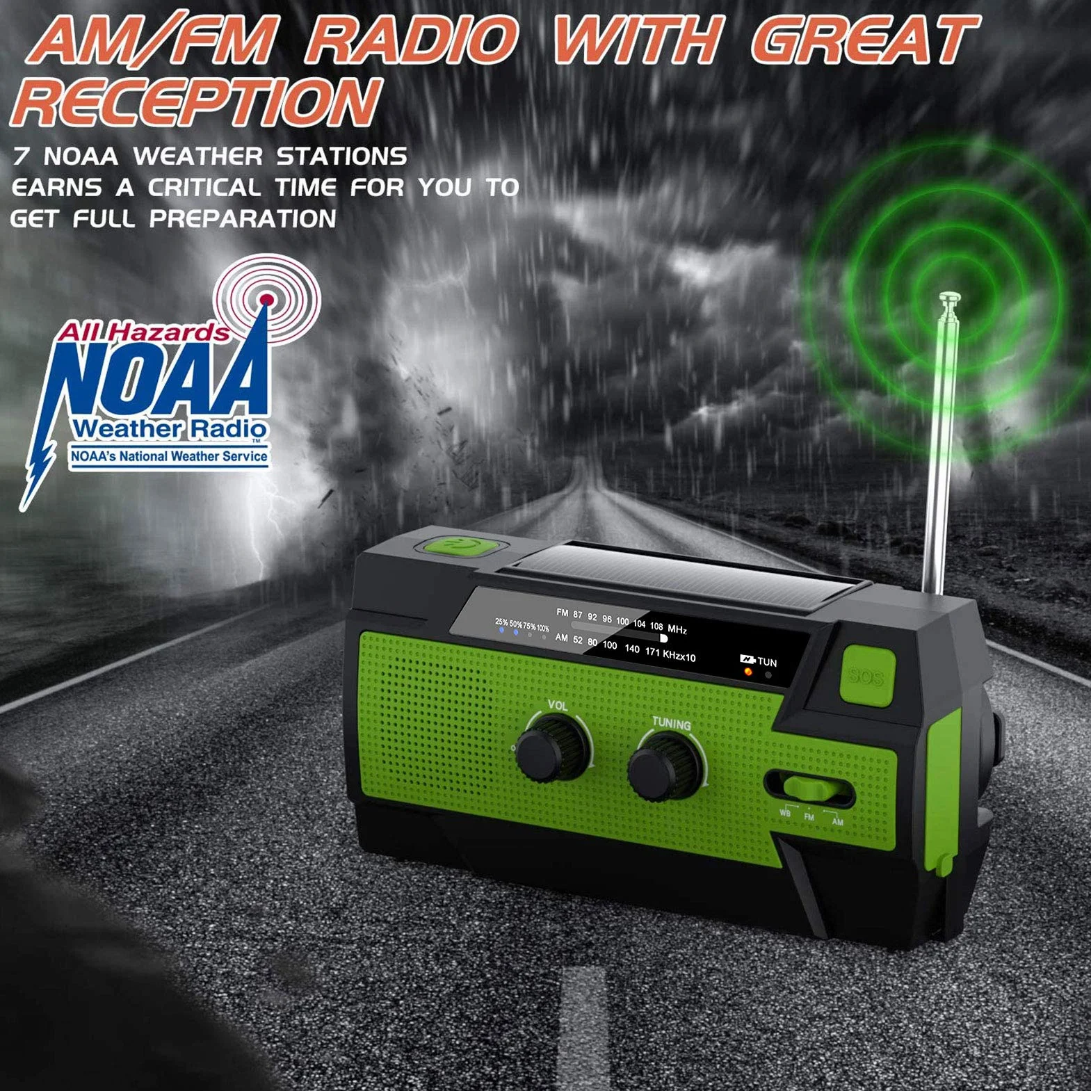 Radio solarne AM/FM korbowe przenośne USB awaryjne akumulator 4000 mAh dynamo zielone