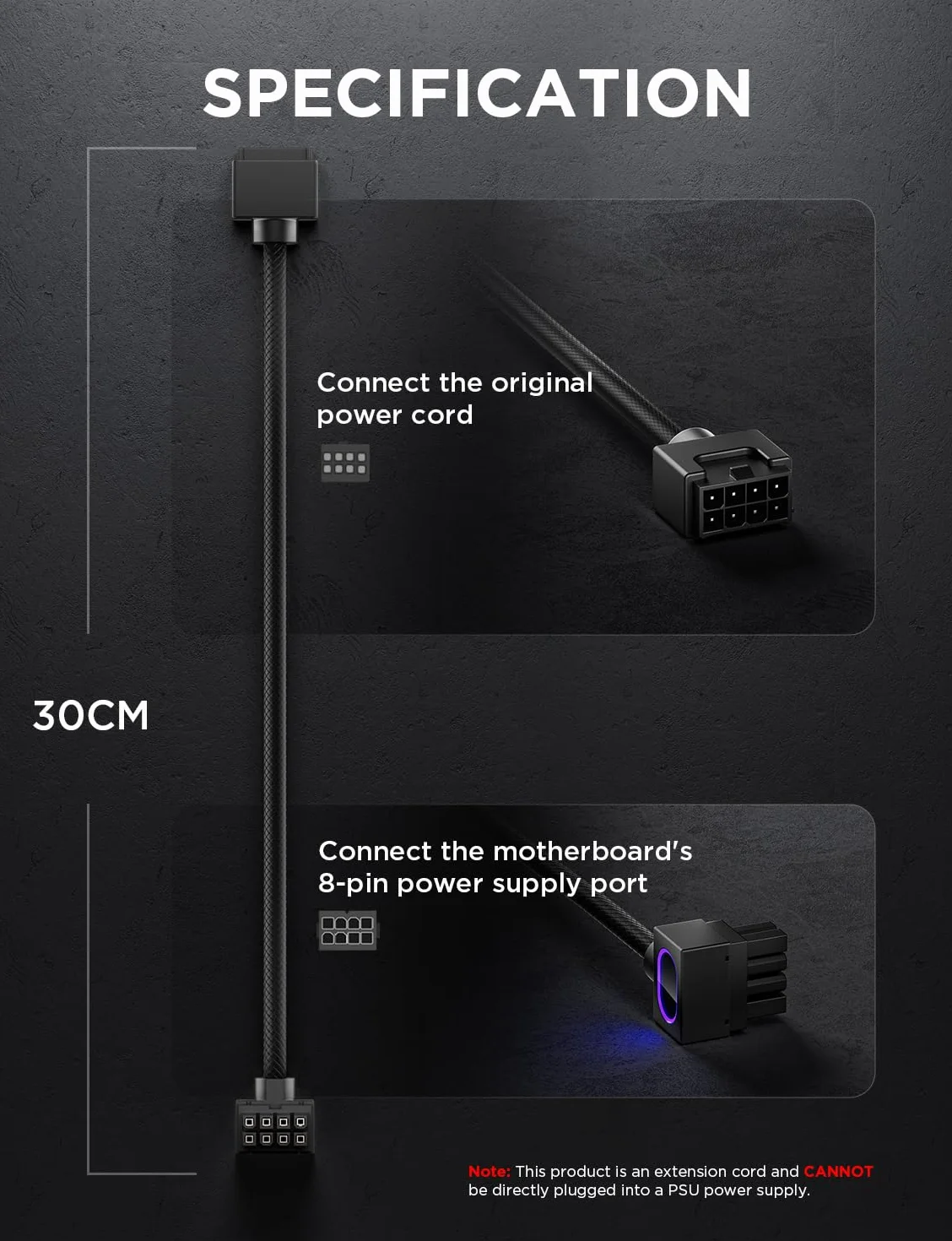 AsiaHorse Hydrus 8-Pin CPU Kabel przedłużający [TYLKO CPU], Kabel zasilający EPS 12V (NIE DLA GPU), 18AWG Sleeved, 5V 3-Pin ARGB Sync - Czarny