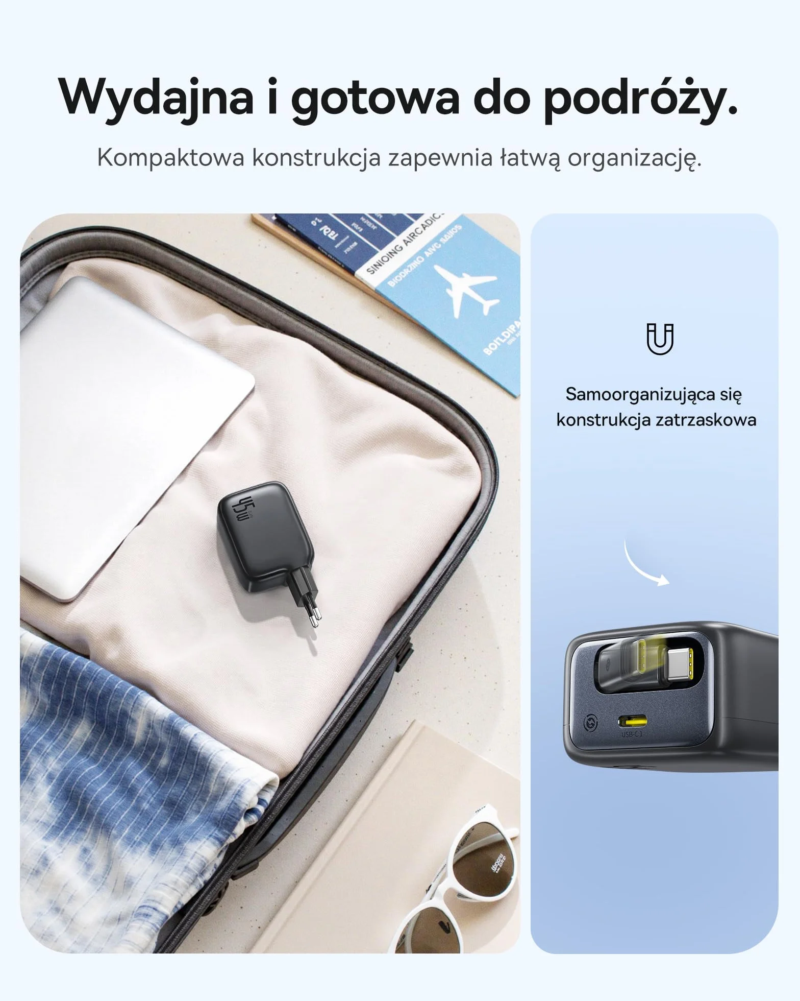 Ładowarka USB-C 45W do iPhone, Baseus Enercore z kablem USB-C, ładowarka do iPada, szybkie ładowanie PPS dla iPhone 16/15/14/13/12/11 Pro Max/Air, Samsung Galaxy S25, Pixel, z wysuwanym kablem