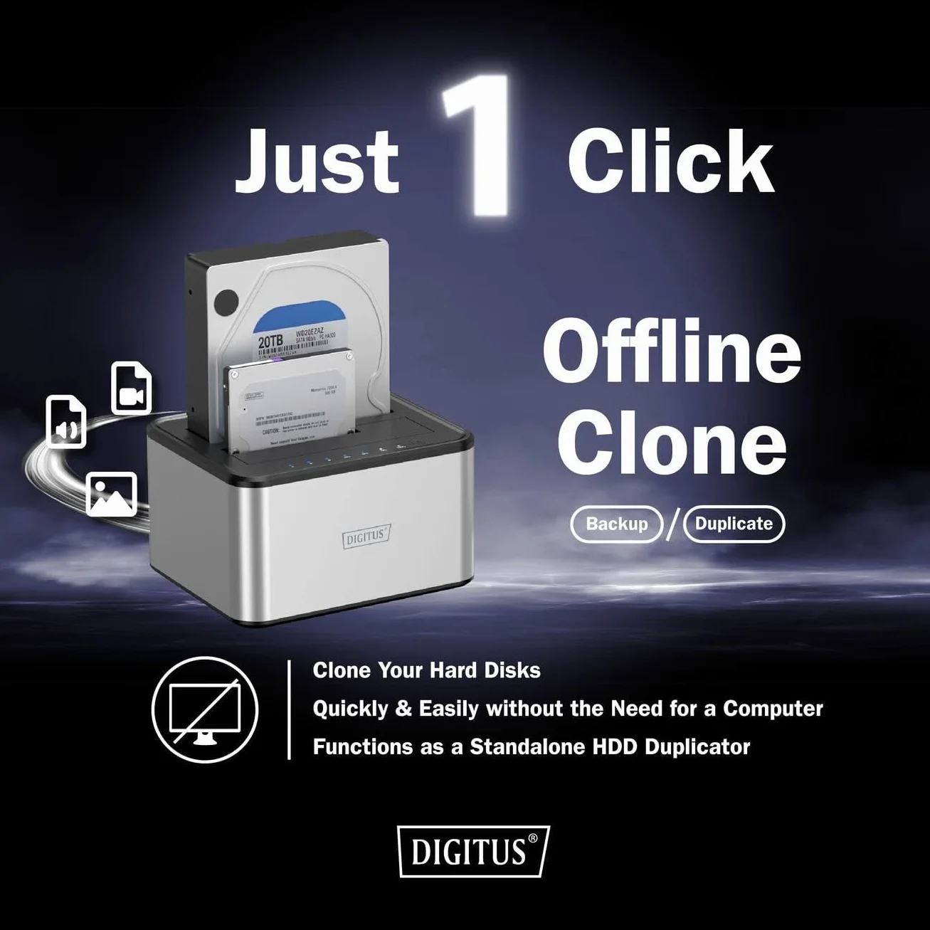 DIGITUS DA-71540-2 - Stacja dokująca z dwoma dyskami twardymi SATA - USB 3.0 - dla dysków SSD i twardych 2,5„/3,5” - SATA 3 - z funkcją klonowania - Plug & Play - Szary