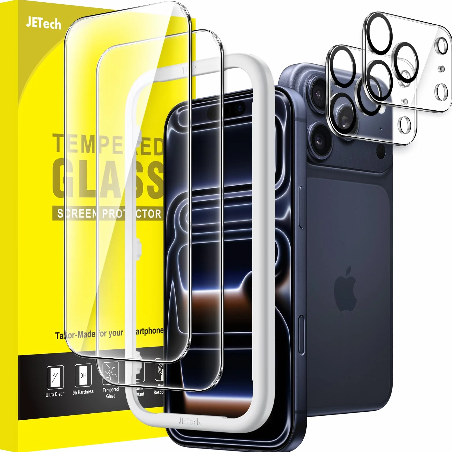 JETech Ochraniacz Ekranu dla iPhone 17 Pro 6,3 Cala z Ochraniacz Obiektywu Aparatu, Narzędzie Łatwej Instalacyjne, Twardości 9H Szkło Hartowane Film, HD Przejaśniać, 2 Sztuki Każdy