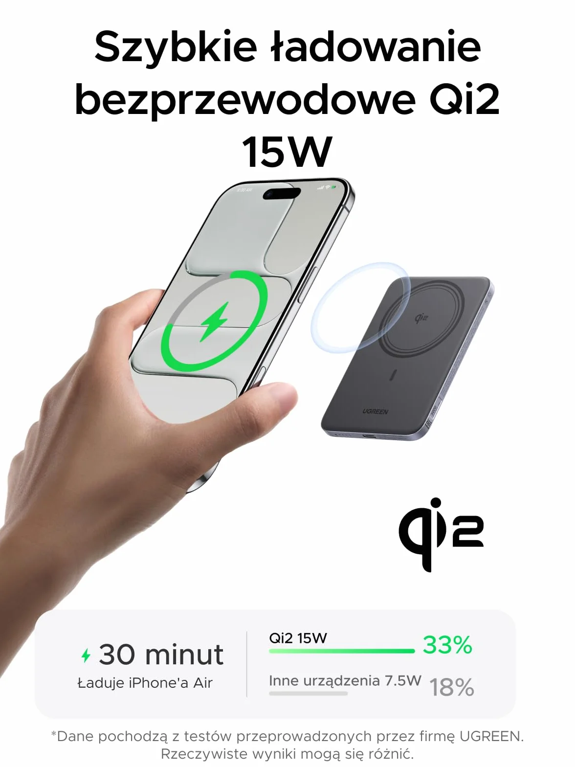 UGREEN MagFlow Air Power bank, ultracienki power bank MagSafe o pojemności 5000mAh i mocy 15W, certyfikat Qi2, szybkie ładowanie PD 20W, ergonomiczna konstrukcja, do modeli 17/16/12-15, Szary