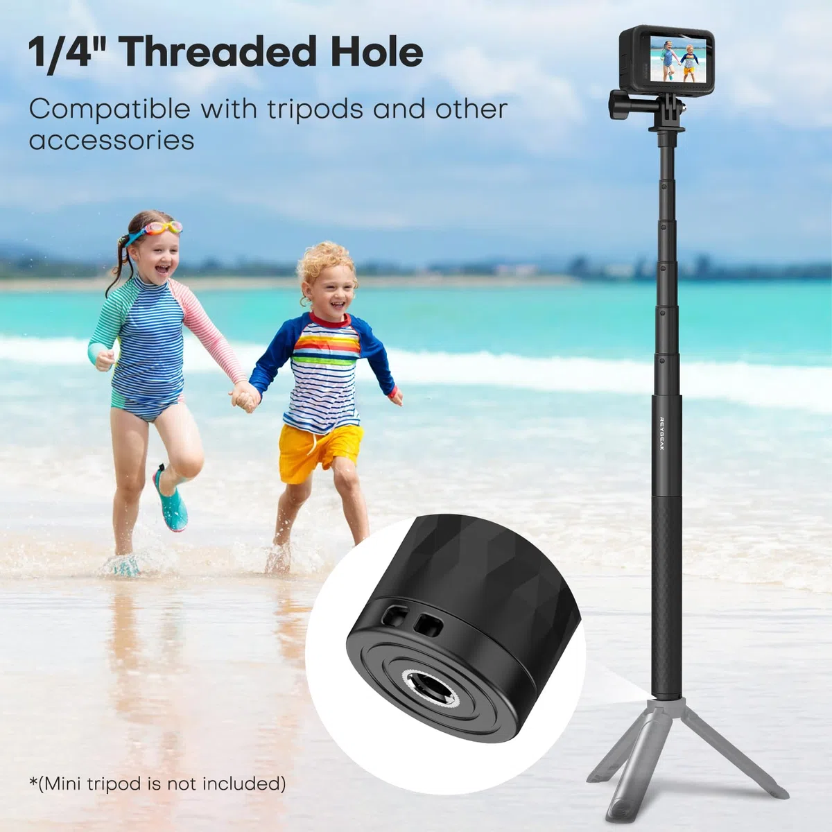 REYGEAK 130 cm kijek do selfie, aluminiowy, niewidoczny kijek do selfie, do montażu statywu z adapterem, Extendable Handheld Pole Stick Monopod kompatybilny z DJI Osmo 360/Pocket 3/Action, Insta-360