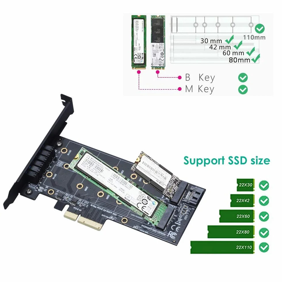 Karta Adaptera M.2 SSD do PCIe 3.0 x4 dla M.2 (Klucz M) i SATA (Klucz B) 22110 2280 2260 2242 2230