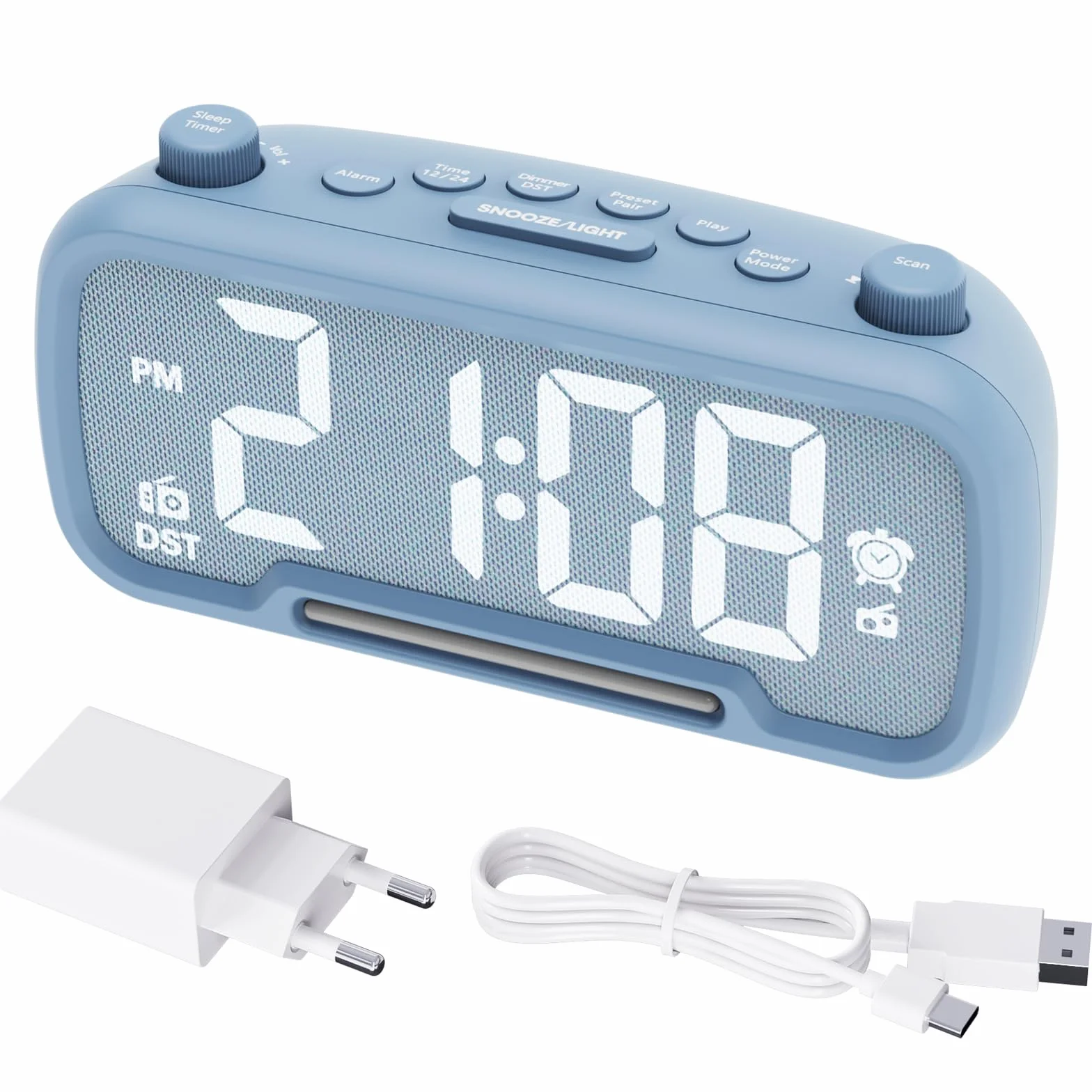 ROCAM Budzik z lampką nocną zegar LED radio FM cyfrowe zasilanie sieciowe ściemnianie USB Typ-C DST Nap timer zapasowa bateria
