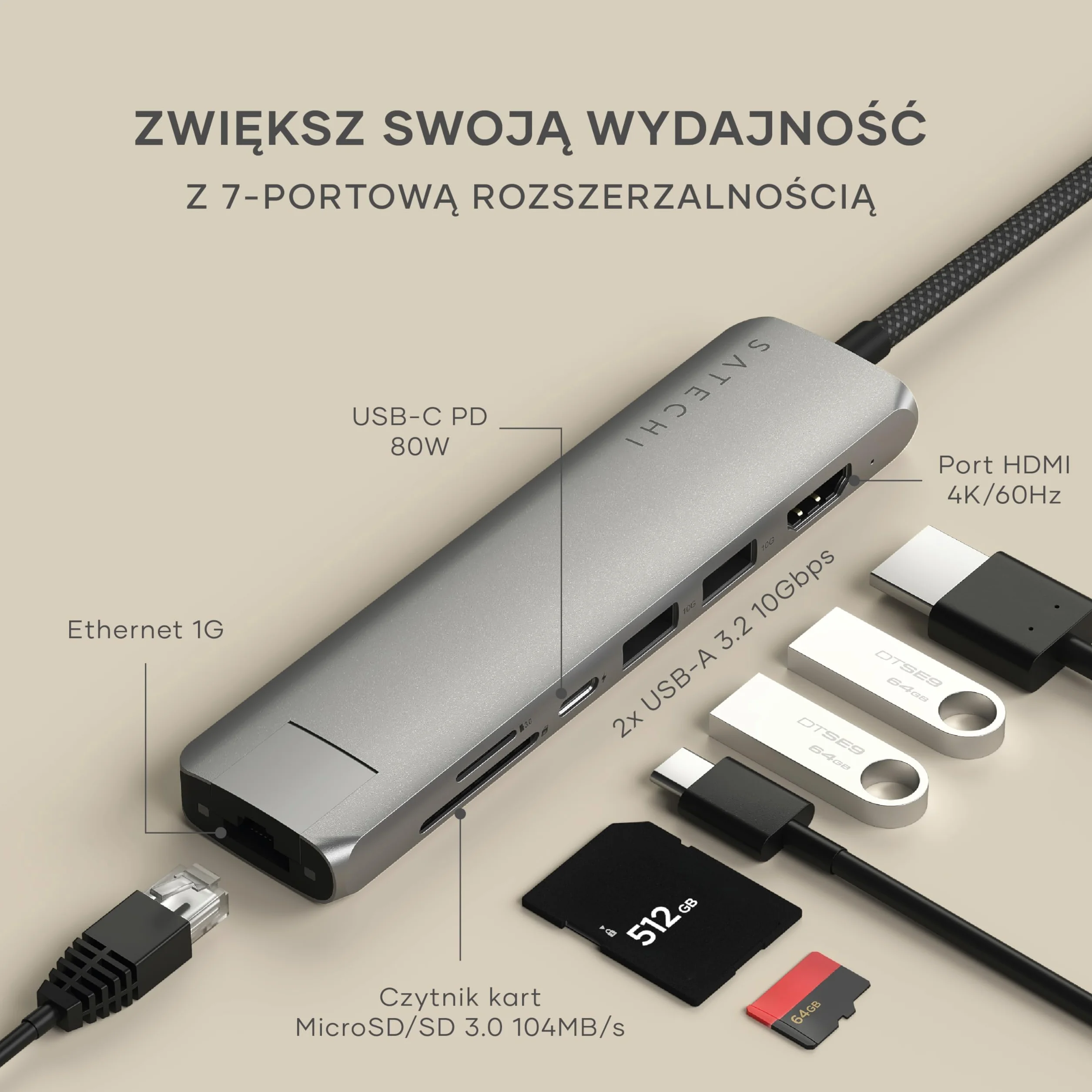 SATECHI 7-w-1 Slim Plus koncentrator USB-C, adapter wieloportowy z Ethernetem, ładowaniem PD 100 W, HDMI 4K@60Hz, 2x USB-A 10 Gb/s i SD/MicroSD do MacBooka Air/Pro/Neo, laptopa i innych – szary