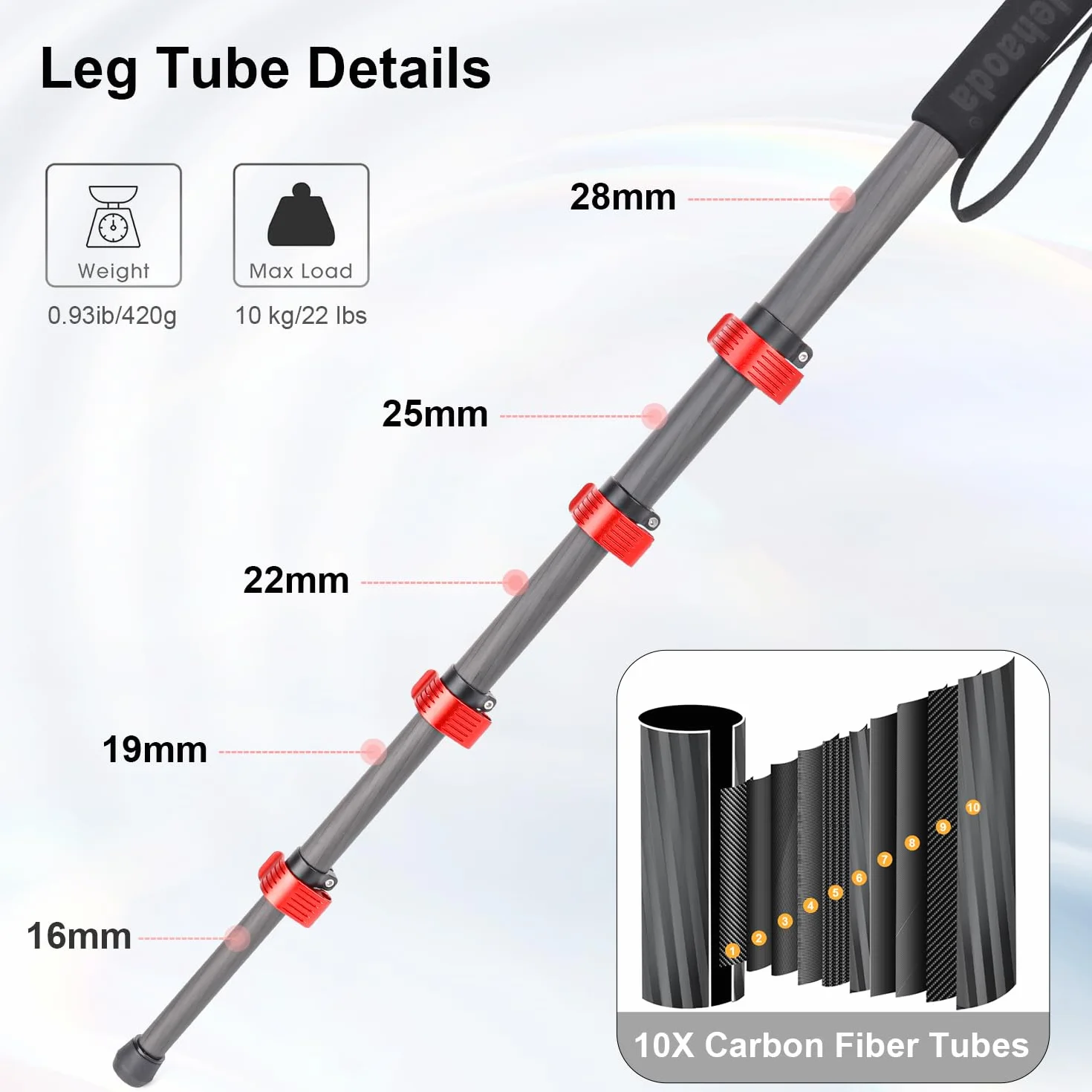 Koolehaoda Carbon Fiber Camera Monopod 28mm Tube 5-Section 166cm Unipod