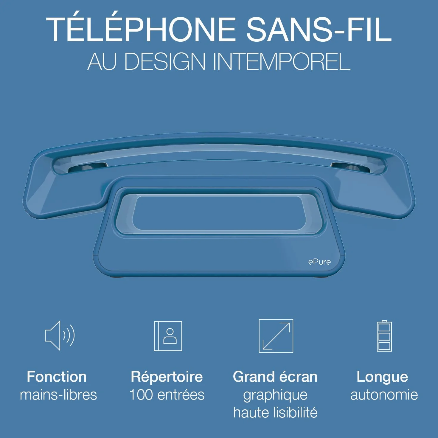 Alcatel ePure Iconic Blue - telefon bezprzewodowy DECT design, łatwy w użyciu, blokada niechcianych połączeń, zestaw głośnomówiący