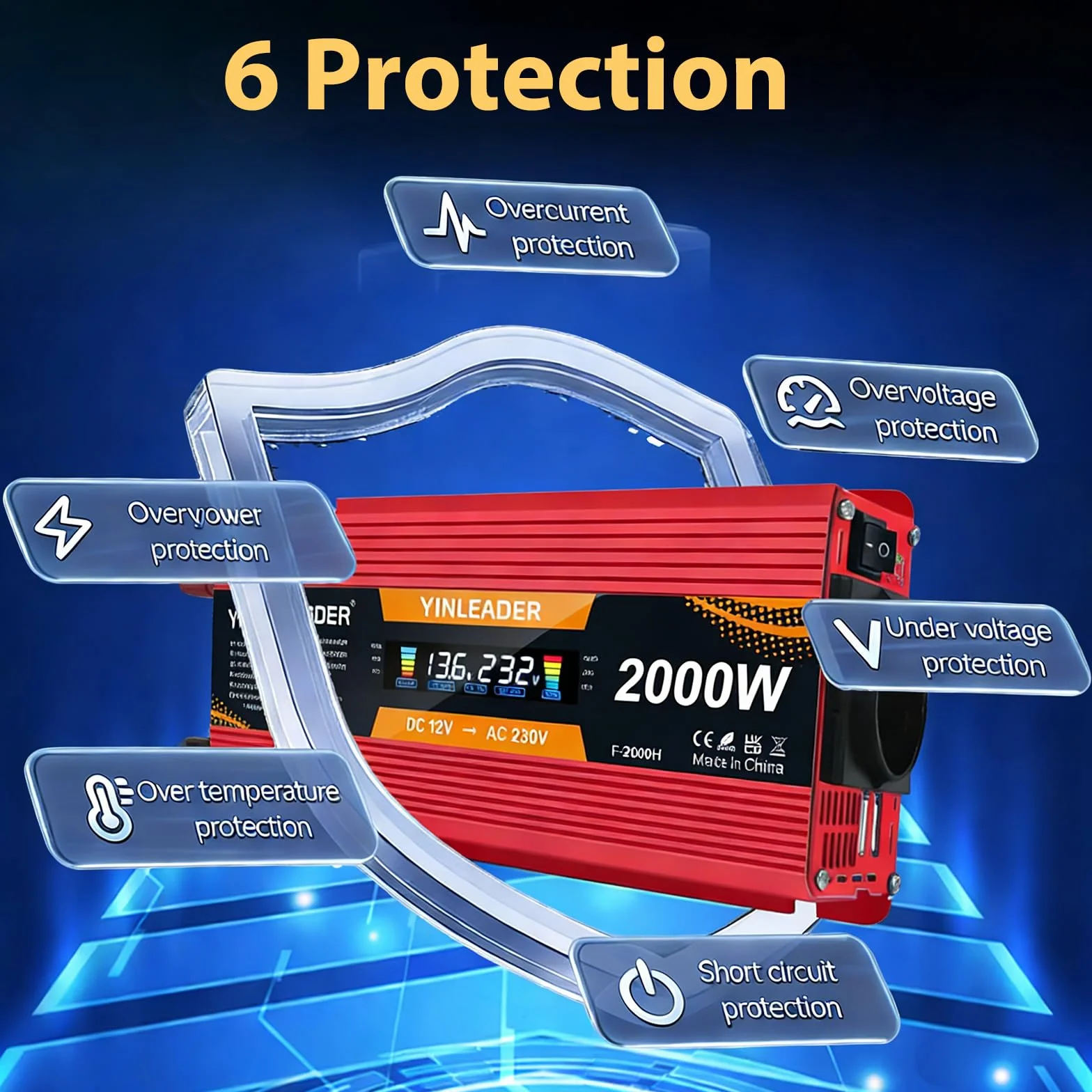 Przetwornica napięcia Power Inverter 12V 220V 850W 2000W z wyświetlaczem LCD 2 USB
