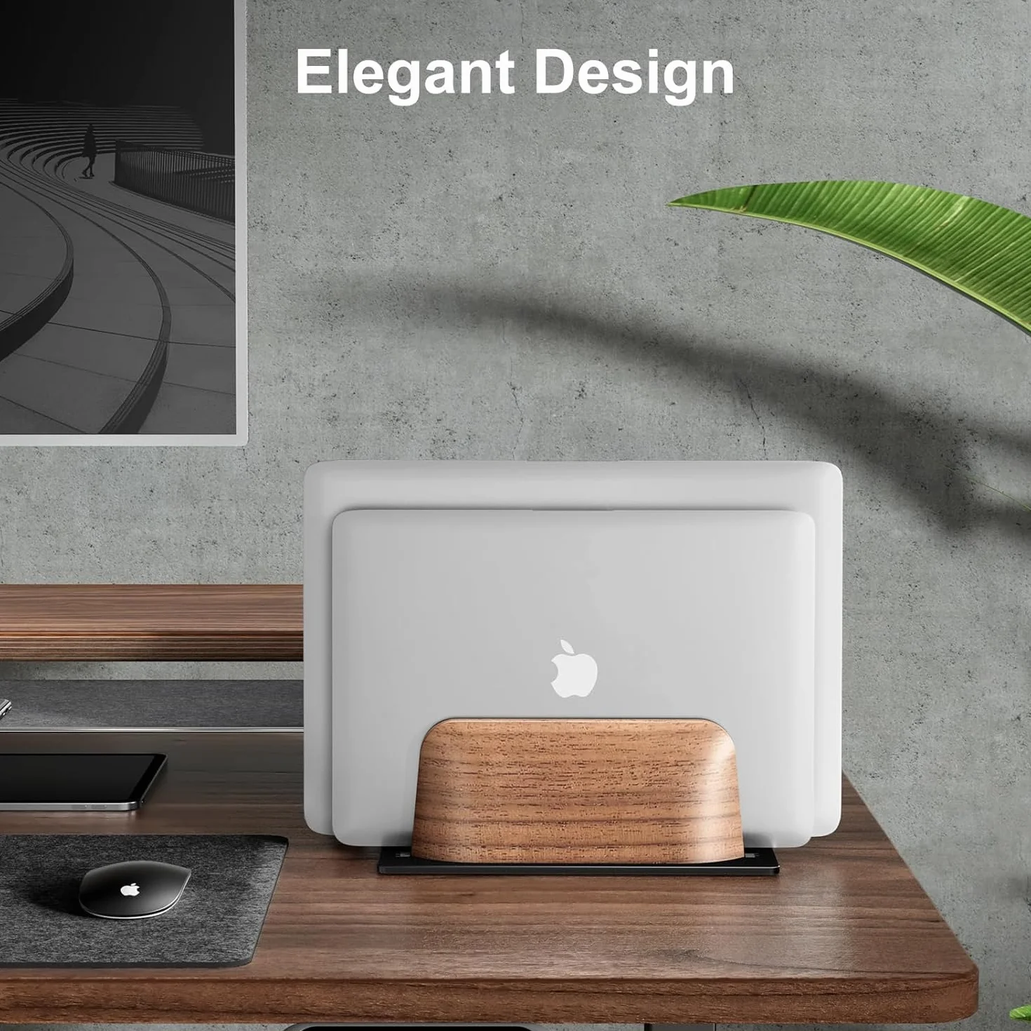Pionowa podstawka pod laptopa, podwójny uchwyt na laptopa z drewna orzechowego na biurko, naturalny drewniany i aluminiowy dok z regulacją szerokości