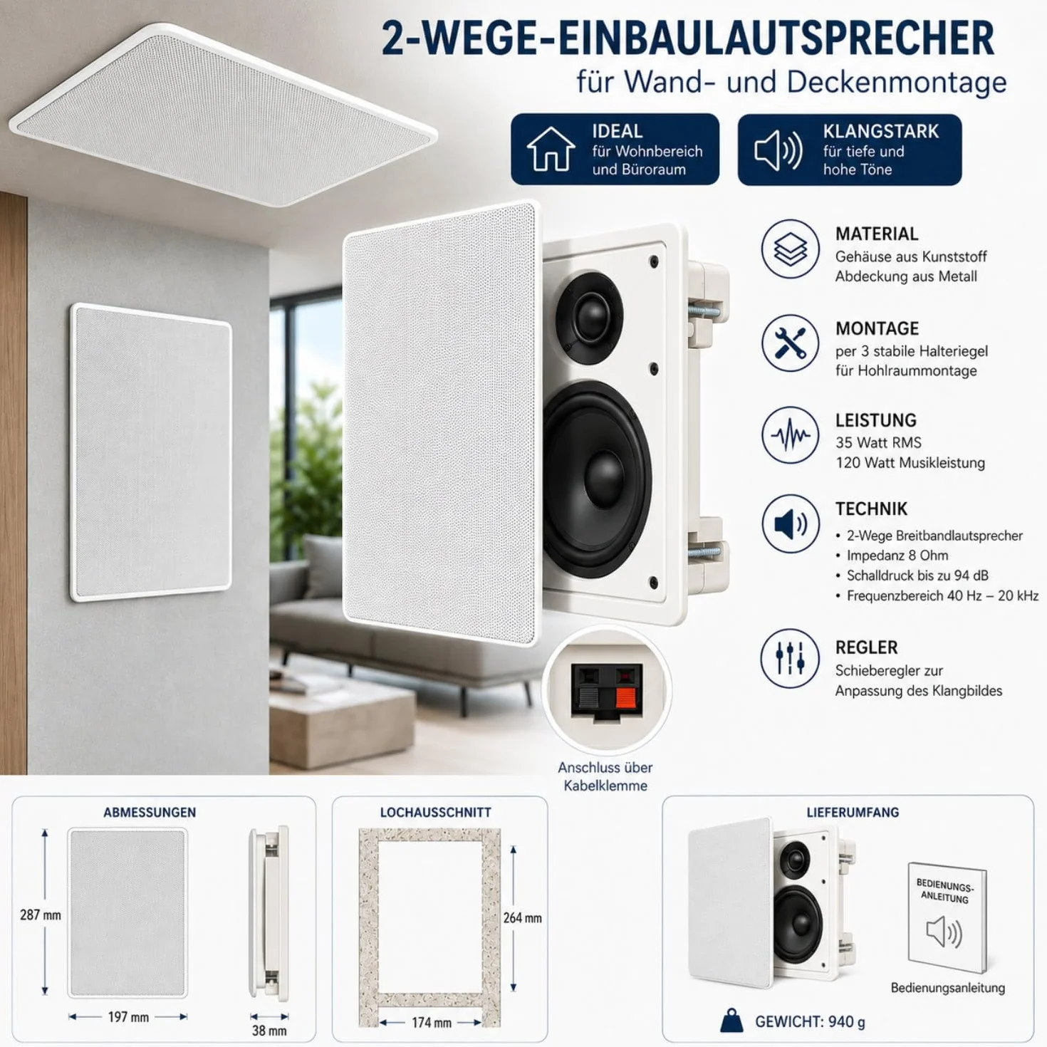HAVA Głośnik szerokopasmowy do zabudowy 2-drożny, 35 W RMS, moc muzyczna 120 W