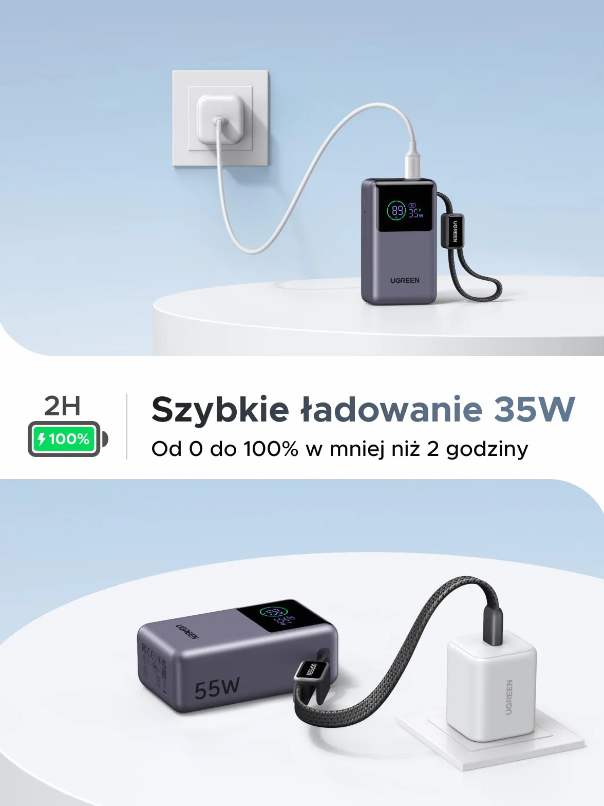 Power bank UGREEN 55W, 10000mAh z wbudowanym kablem, HyperCharge dla Xiaomi, szybkie ładowanie PD 45W, kompatybilny z iPhone'em 17/16/15, szary
