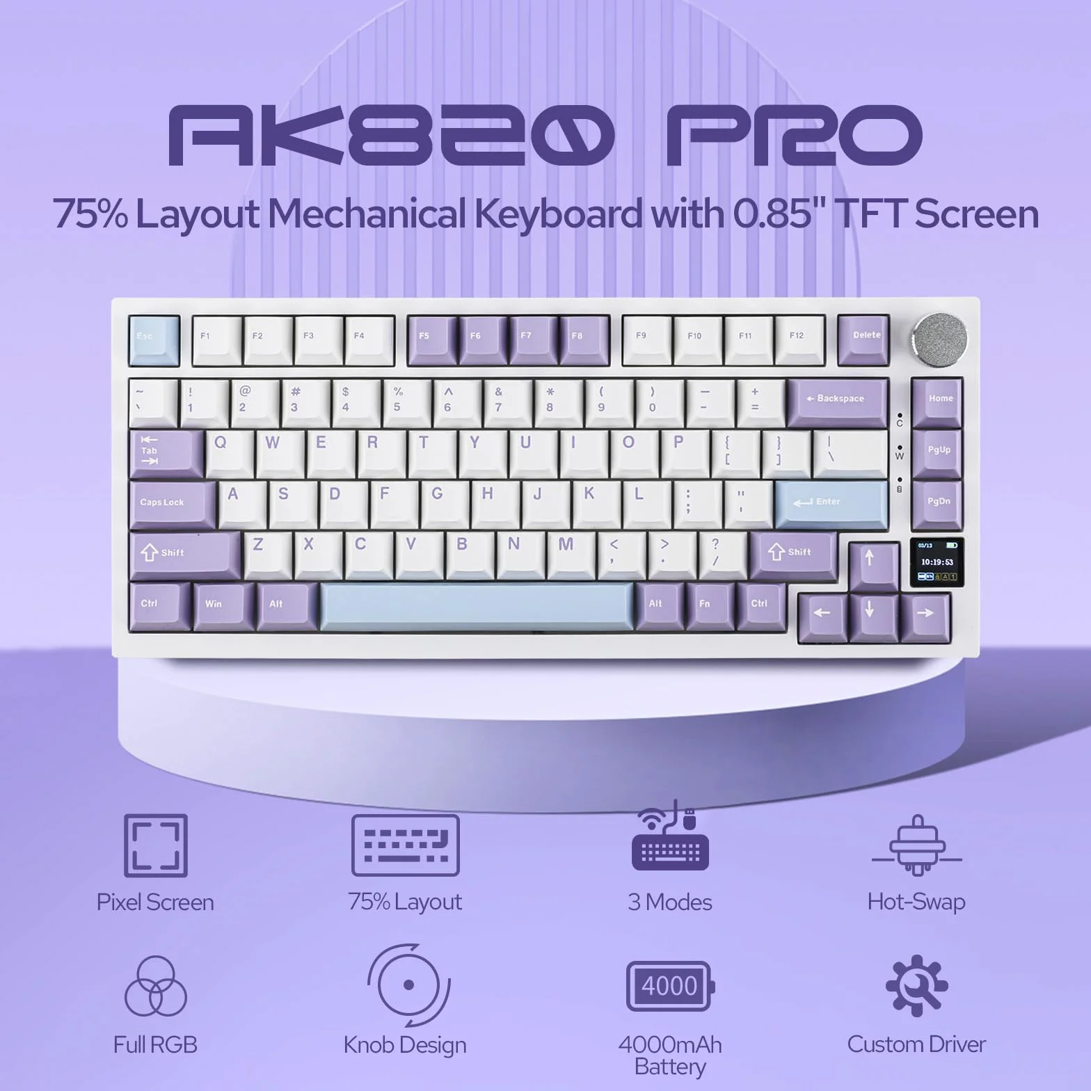 EPOMAKER Ajazz AK820 Pro 75% klawiatura mechaniczna z inteligentnym wyświetlaczem TFT, Bluetooth 5.1/2,4G bezprzewodowa, USB-C