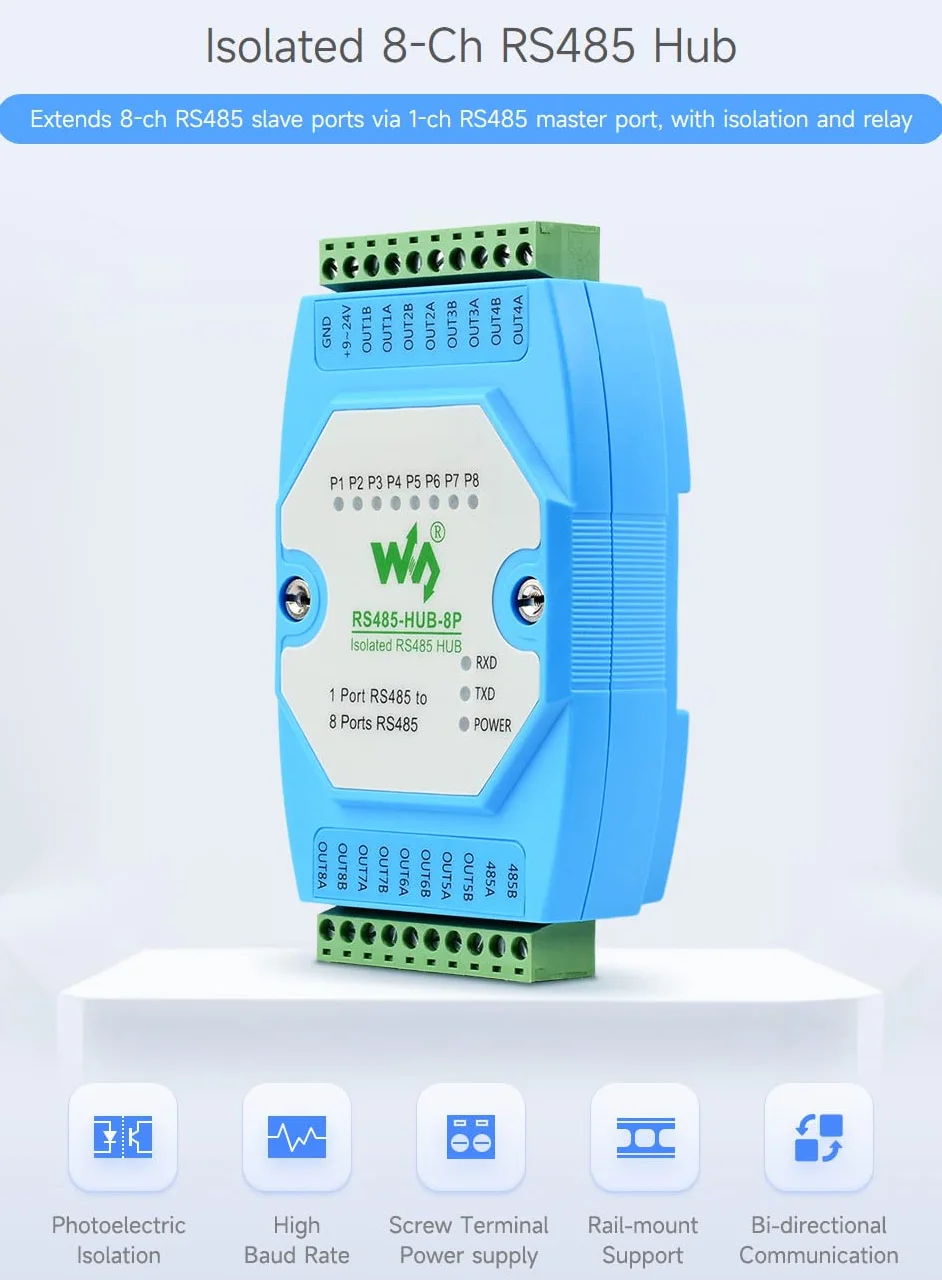 Waveshare Industrial RS485 Hub 8-ch Rail-mount Wide Baud Rate RS485 Network Relay Expansion Isolation