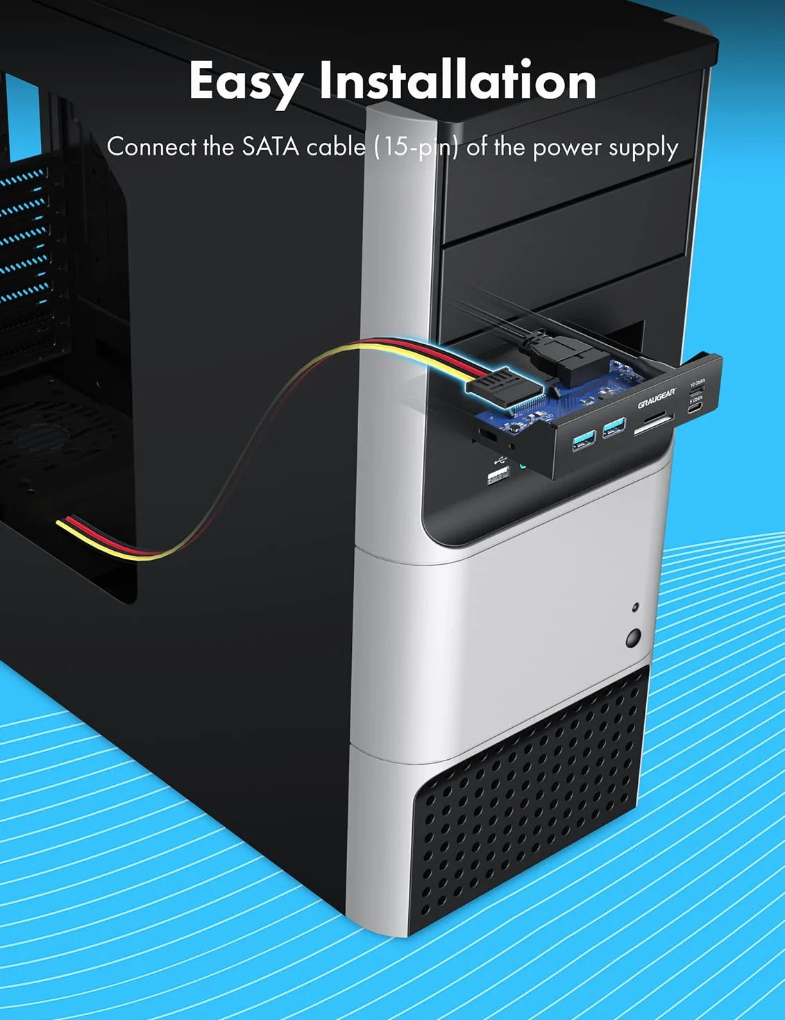 GRAUGEAR 6 interfejsów panel przedni o przekątnej 3,5 cala, USB3.2 Gen2 x 2 typ C do 20 Gbit/s, 2 x USB-A+USB-C, czytnik kart SD+microSD, Key-A 20-pin i 19-pinowy nagłówek, metal