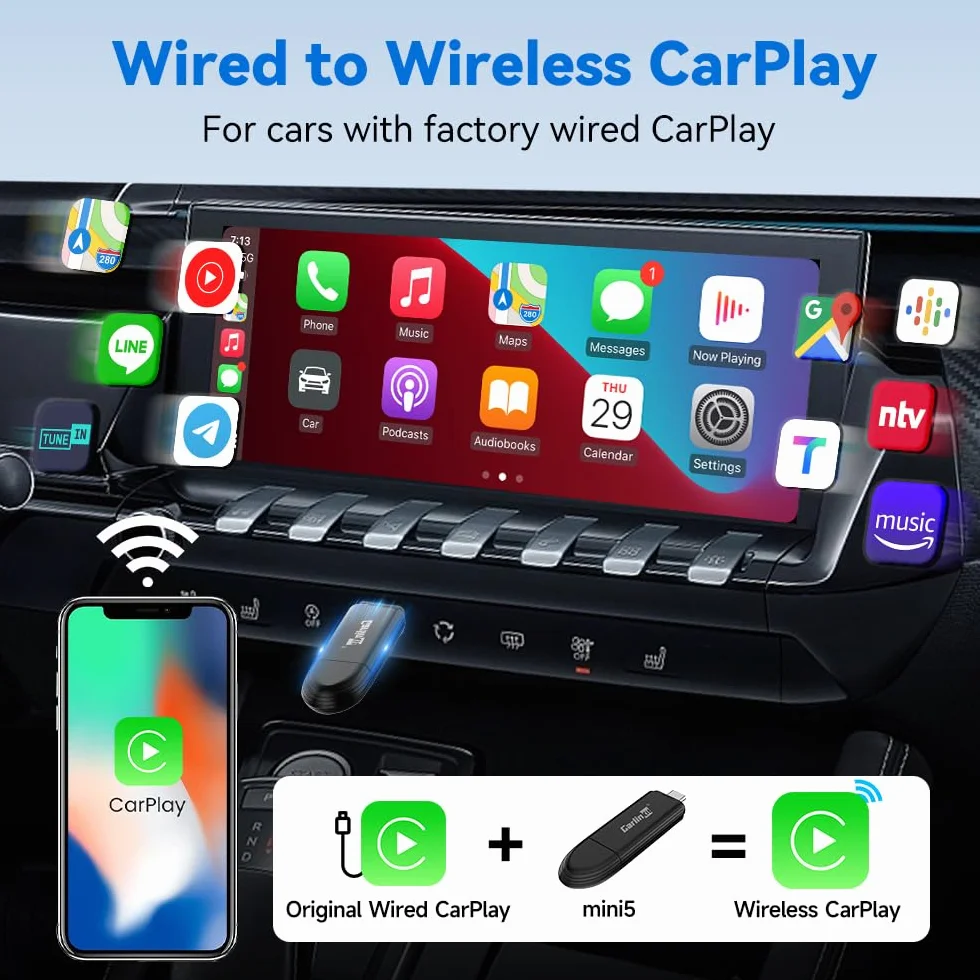 CarlinKit MINI5 bezprzewodowy adapter CarPlay, oryginalny przewodowy samochodowy CarPlay do bezprzewodowego, bardziej kompaktowy i wygodny do przechowywania