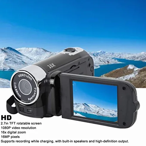 Kamera Wideo Kamera, Cyfrowa Kamera Nagrywająca Kamera DV 4K 48 MP z Obrotowym Ekranem 2,7 Cala, Kamera z 16-krotnym Zoomem Cyfrowym Obsługa Kamery Przez USB Połączenie z (BLACK)