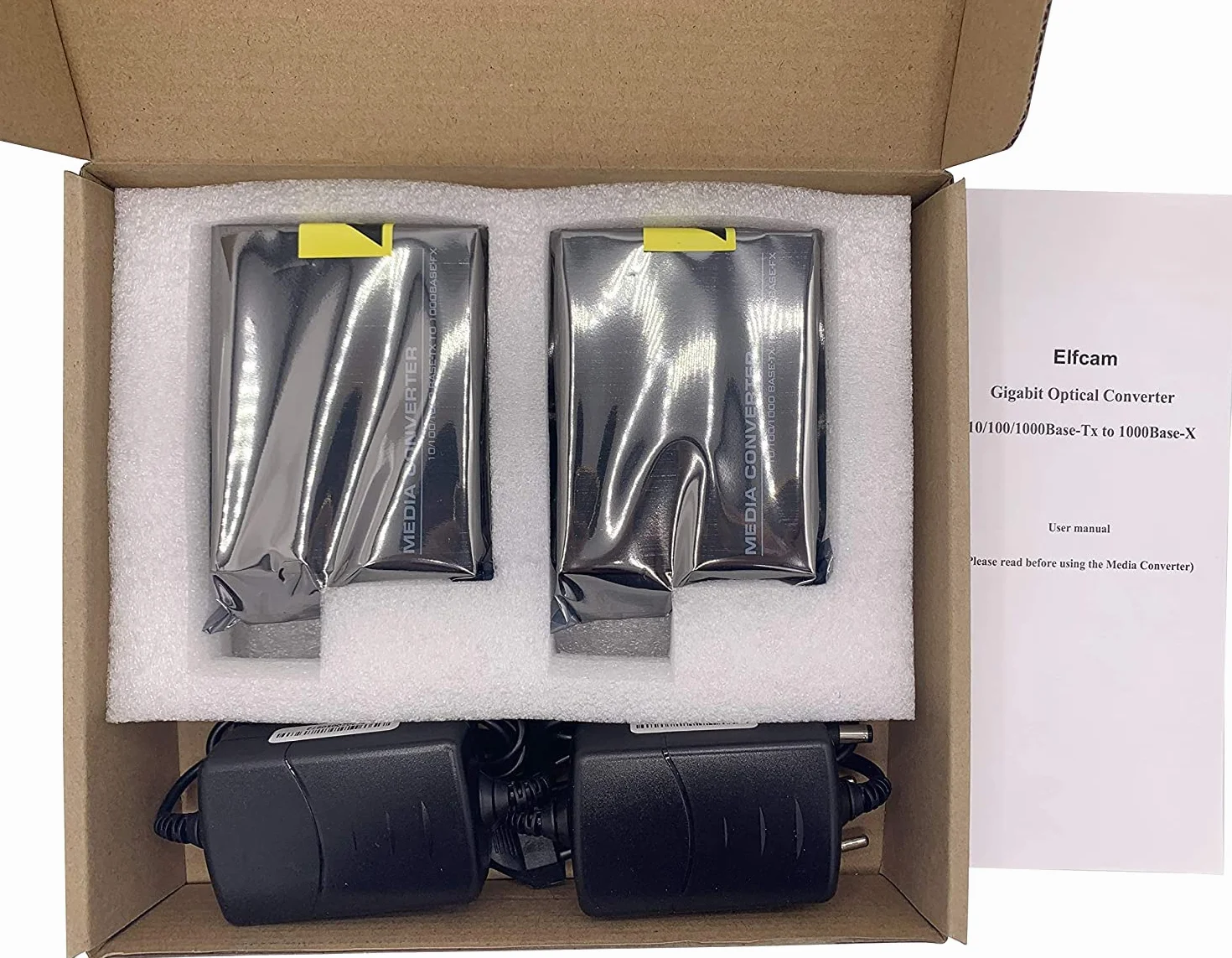 Elfcam - 2 x konwertery światłowodowe Ethernet na 10/100/1000M ze złączami światłowodowymi SC jednomodowe, 20 km (1 RJ45 x 1 RJ45)