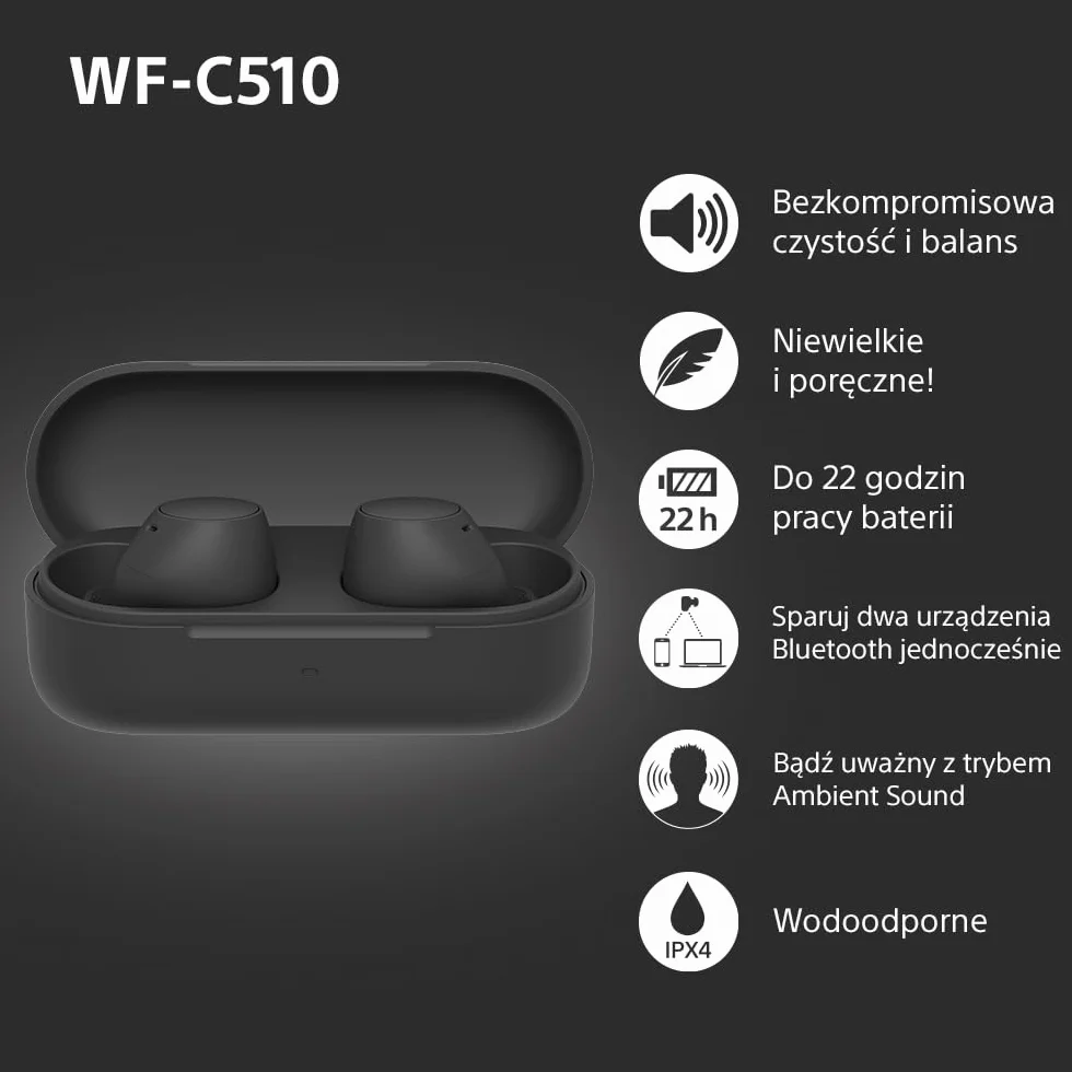 Sony TWS Słuchawki Douszne IPX4 Bluetooth Multipoint Ambient Sound Spotify Tap Szybkie Ładowanie Bateria 22 Godz Czarne