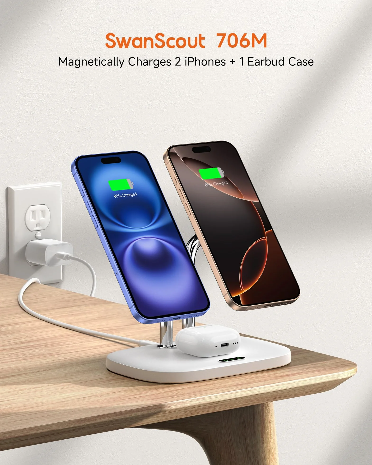 SwanScout 706M Indukcyjna stacja ładująca Mag-Safe do iPhone 17/Air/16/15/14/13, AirPods Pro 4/3, bezprzewodowa ładowarka 2 urządzenia