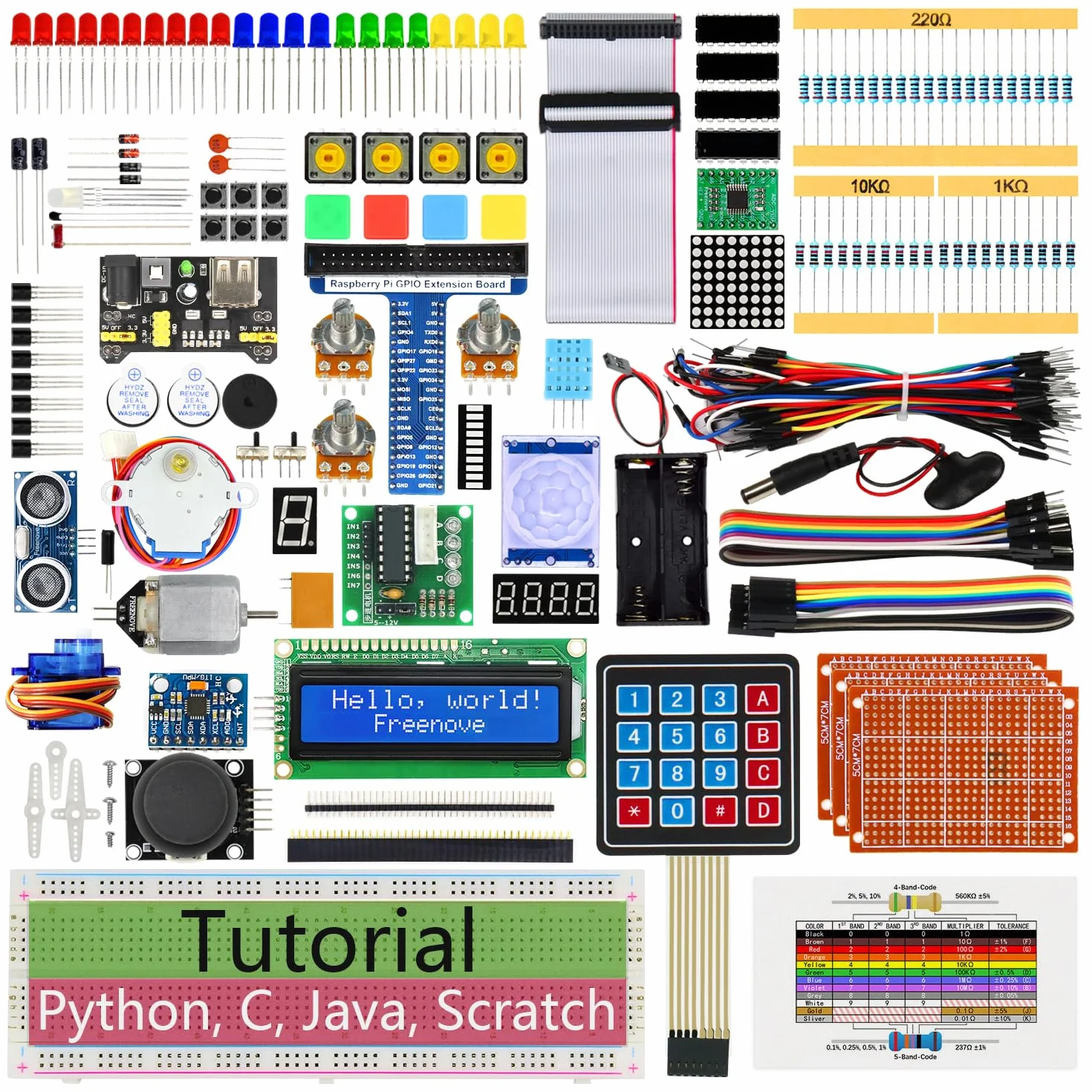 Freenove Ultimate Starter Kit for Raspberry Pi 5 4 B 3 B+ 400 Zero 2 W, 962-Page Detailed Tutorial, Python C Java Scratch Processing Code, 223 Items, 128 Projects (Raspberry Pi NOT Included)