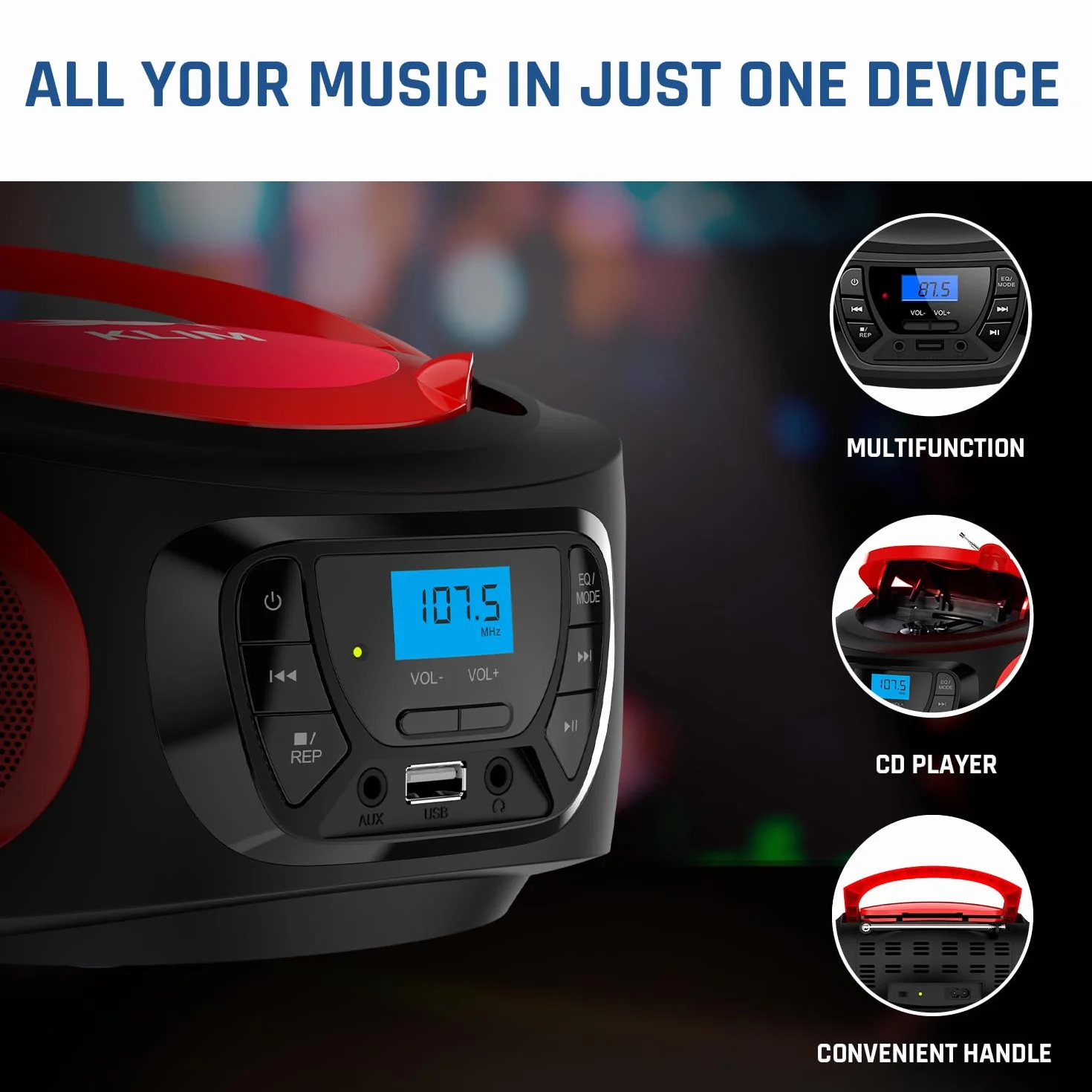 KLIM Boombox Radio CD, nowość 2023 Radio FM, CD Bluetooth, MP3, USB, AUX - baterie do ładowania, tryby przewodowe i bezprzewodowe, kompaktowy i wytrzymały, czerwony