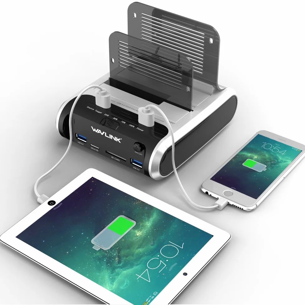 Stacja dokująca do dysków twardych, WAVLINK USB Stacja dokująca Offline funkcja klonowania dla 2,5 cala i 3,5 cala SATA HDD SSD, obsługuje karty TF i SD oraz ładowanie przez USB