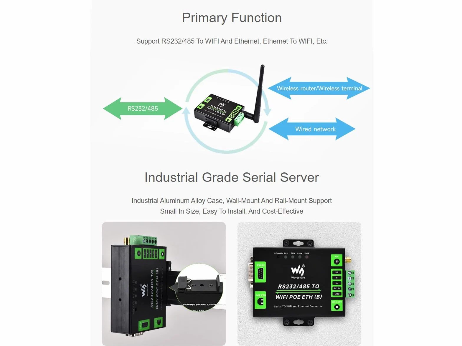 Waveshare RS232/485 to WiFi and RJ45 Ethernet Converter Module with POE Function, Industrial Grade Server Serial, obsługa Ethernet to WiFi, port szeregowy do Ethernet, bramka modbowa, brama MQTT