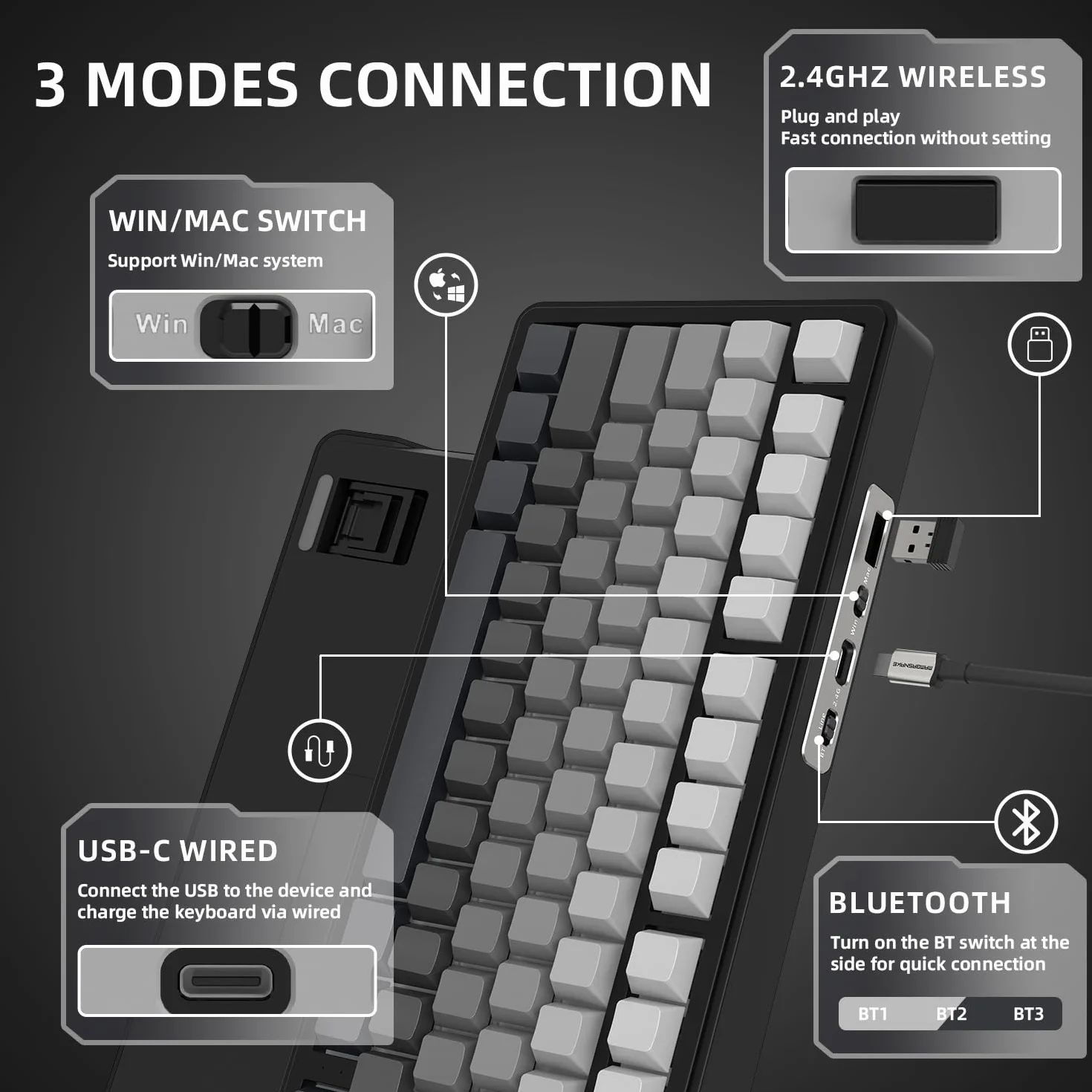 A.JAZZ x ATTACK SHARK X85 Klawiatura Mechaniczna z Uszczelką,Bezprzewodowa Klawiatura do Gier 75% z Knob,5-Layer Padding,PBT Side-Printed Keycap,BT/2.4 Ghz/USB-C,Hot-Swap Linear Switch,RGB,na PC,MAC